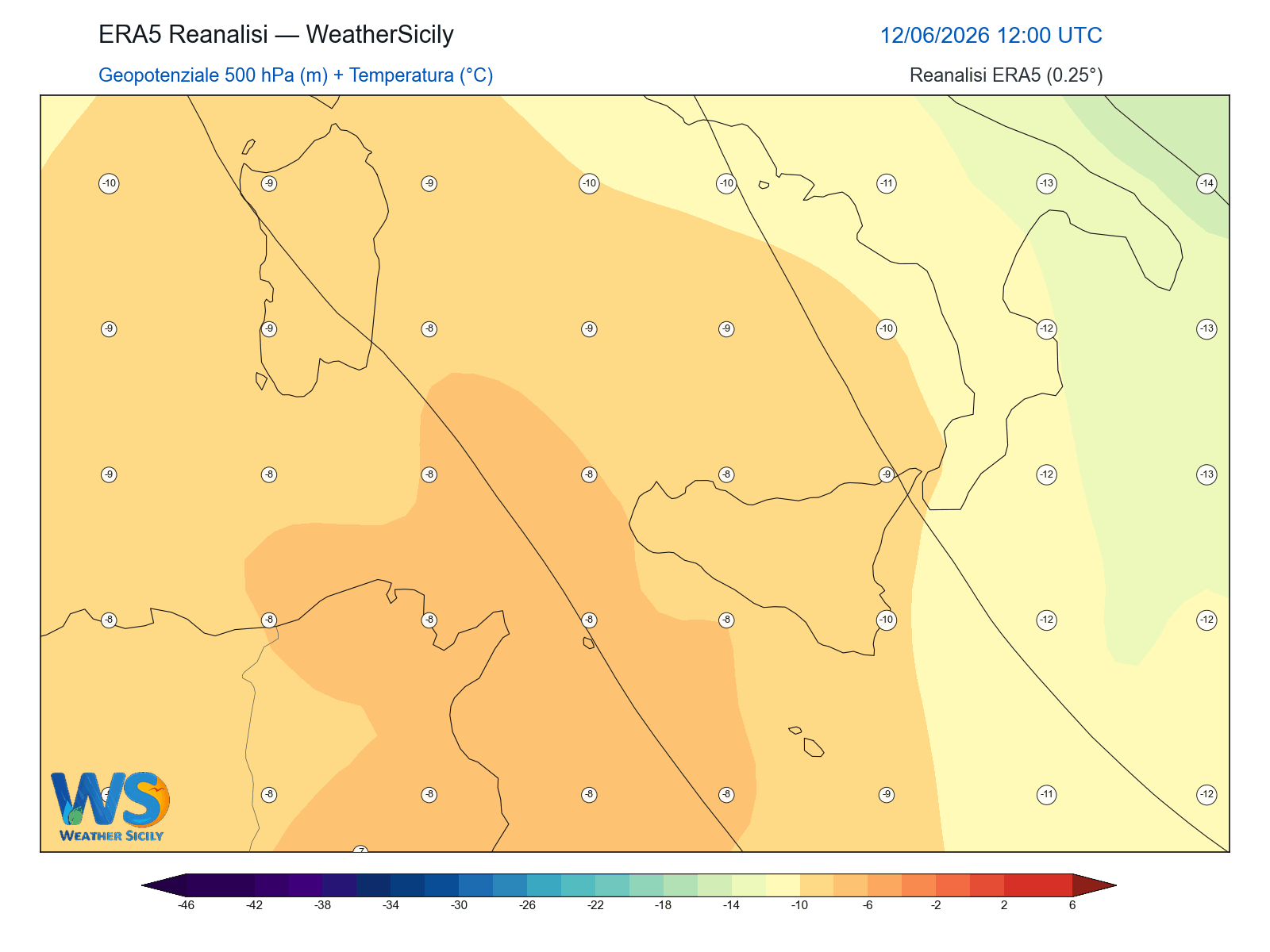 Geopotenziale 500 hPa + Temperatura · 2026061212
