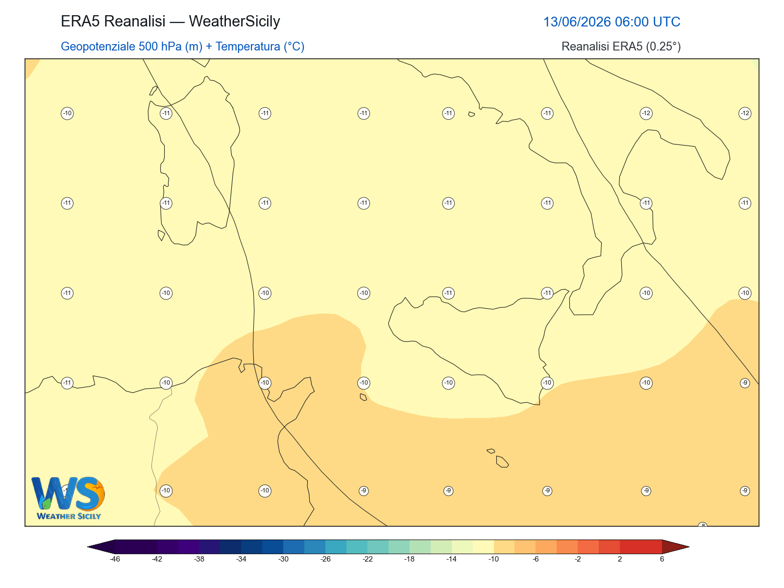 Geopotenziale 500 hPa + Temperatura · 2026061306