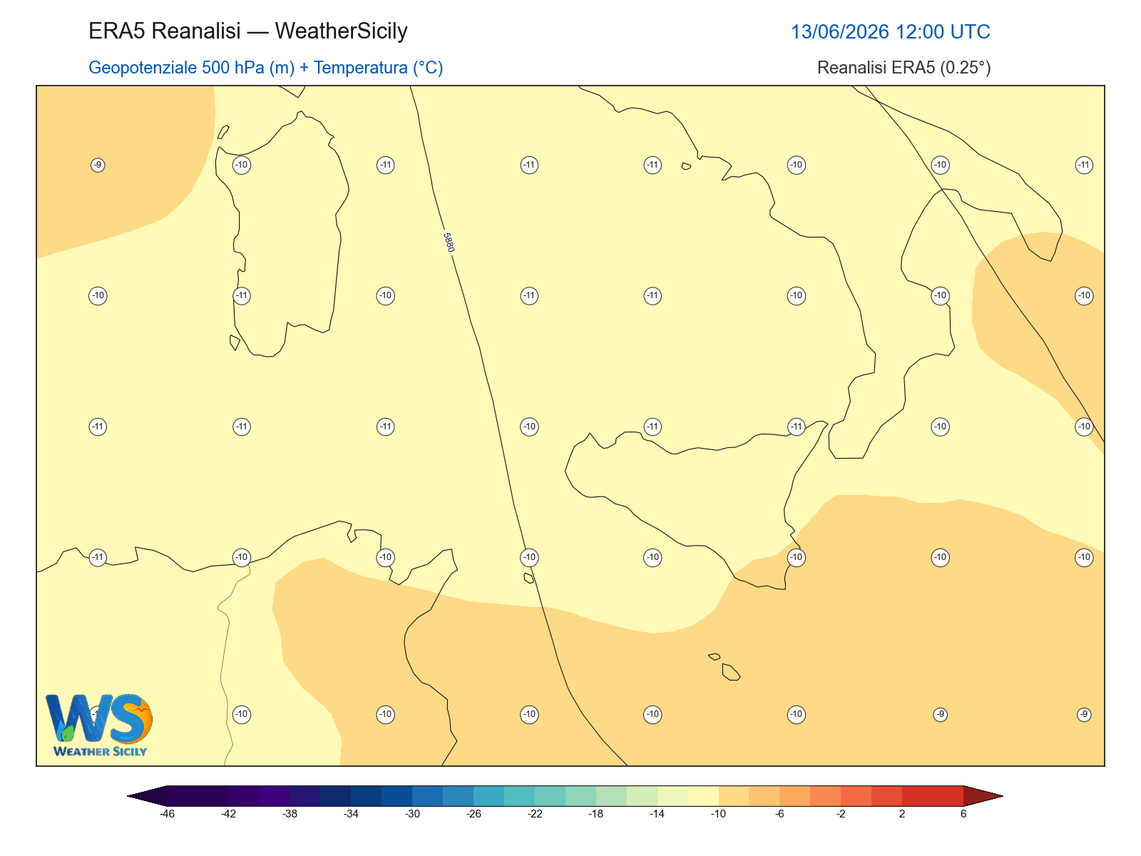 Geopotenziale 500 hPa + Temperatura · 2026061312