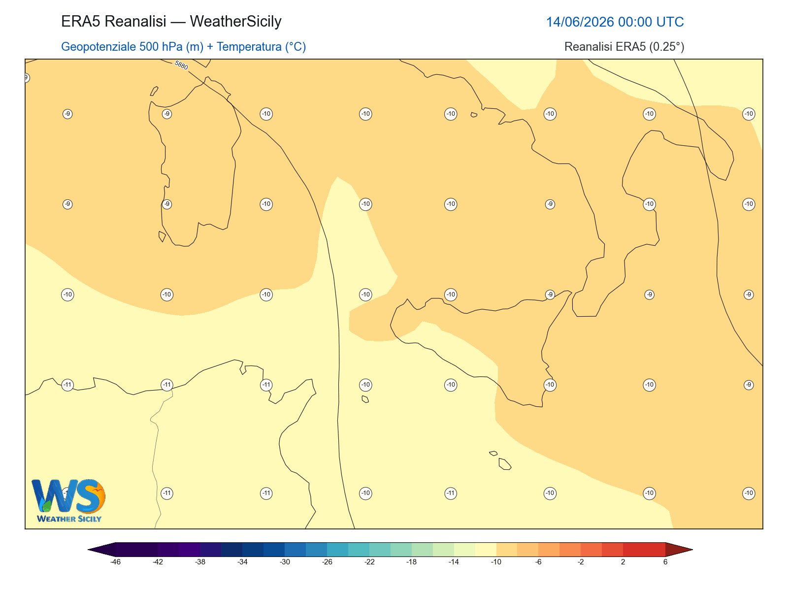 Geopotenziale 500 hPa + Temperatura · 2026061400
