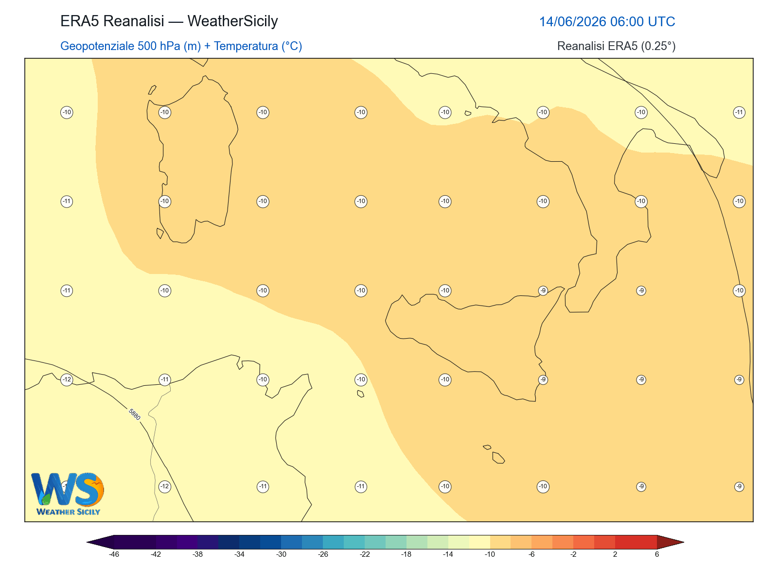 Geopotenziale 500 hPa + Temperatura · 2026061406