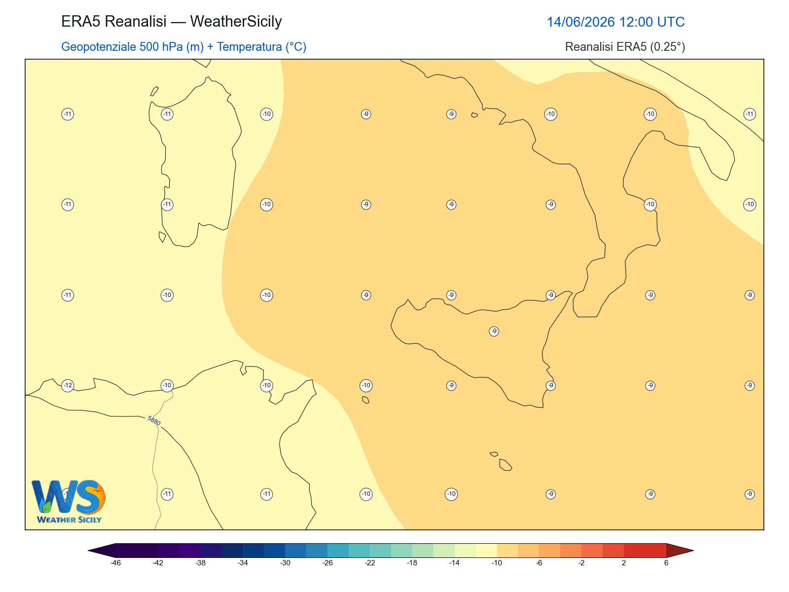 Geopotenziale 500 hPa + Temperatura · 2026061412