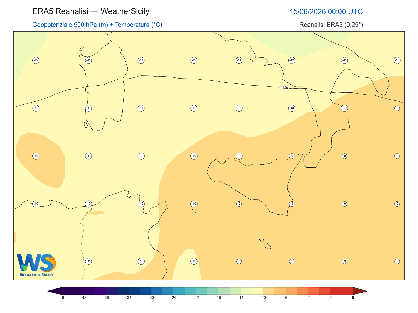Geopotenziale 500 hPa + Temperatura · 2026061500
