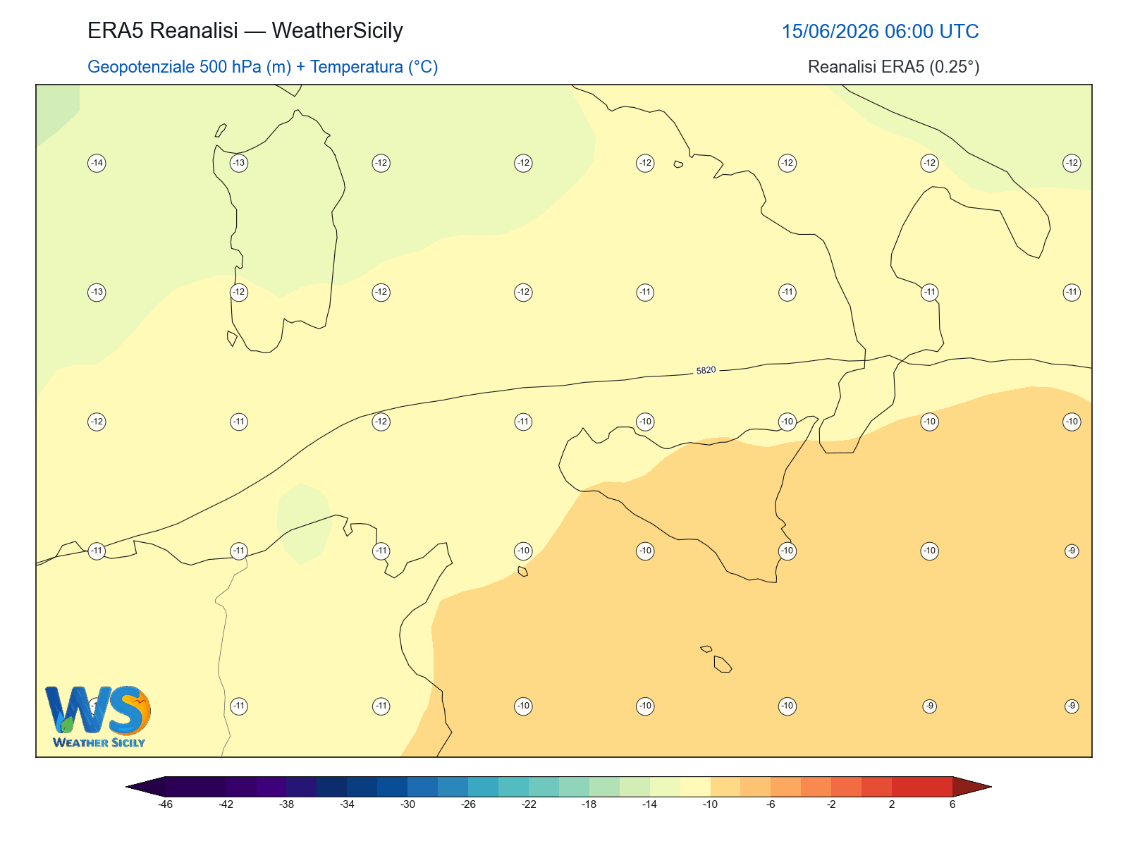 Geopotenziale 500 hPa + Temperatura · 2026061506