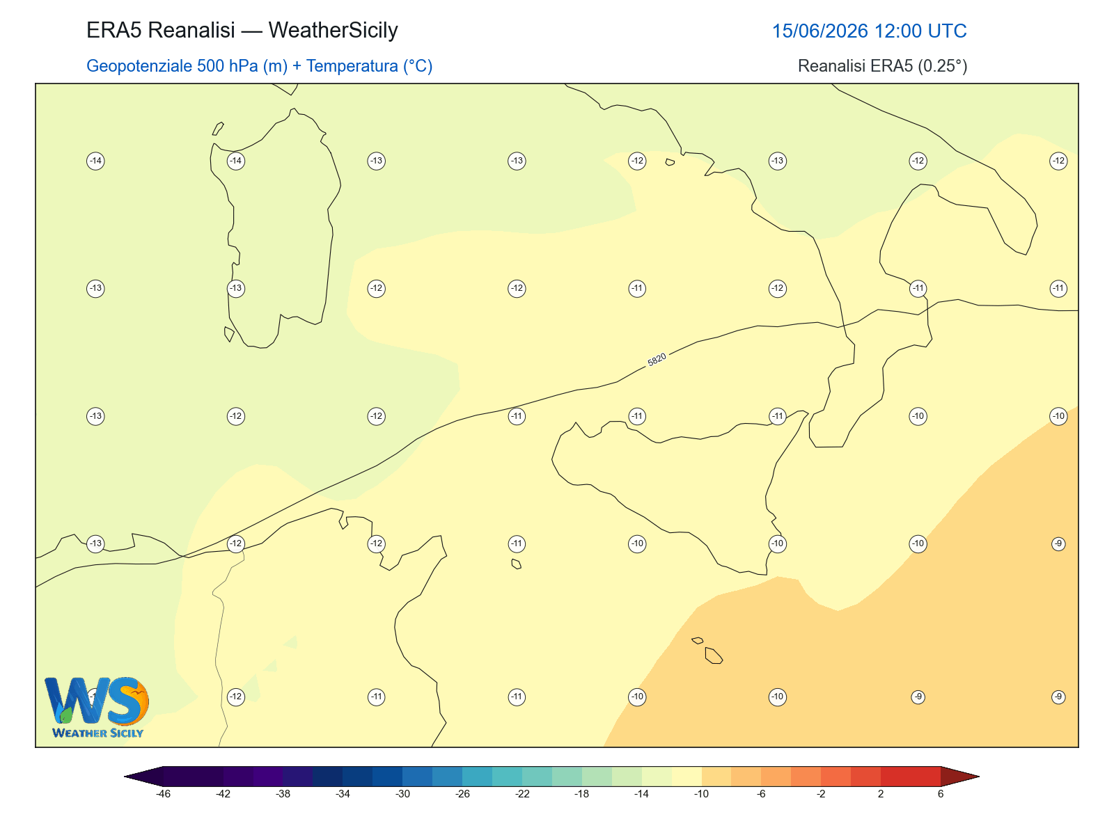 Geopotenziale 500 hPa + Temperatura · 2026061512