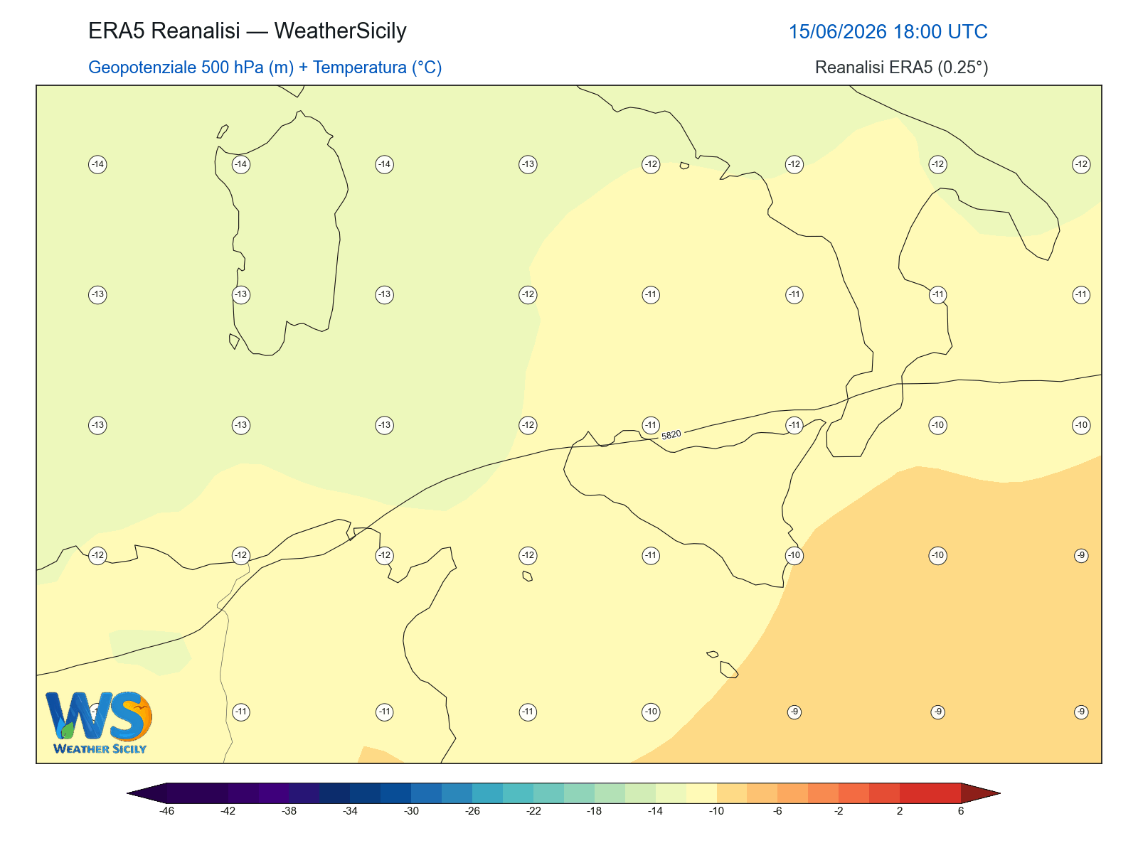 Geopotenziale 500 hPa + Temperatura · 2026061518