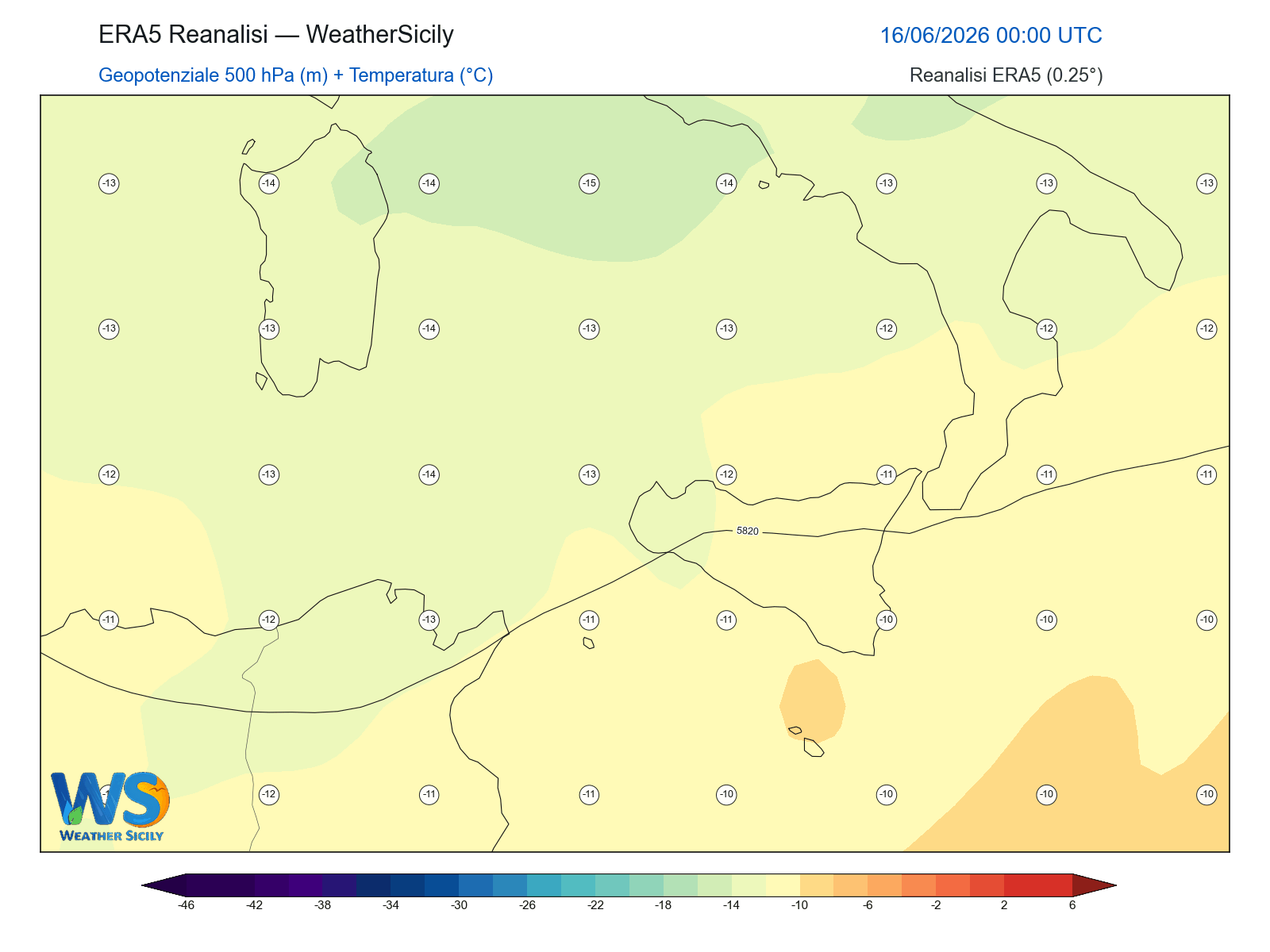 Geopotenziale 500 hPa + Temperatura · 2026061600