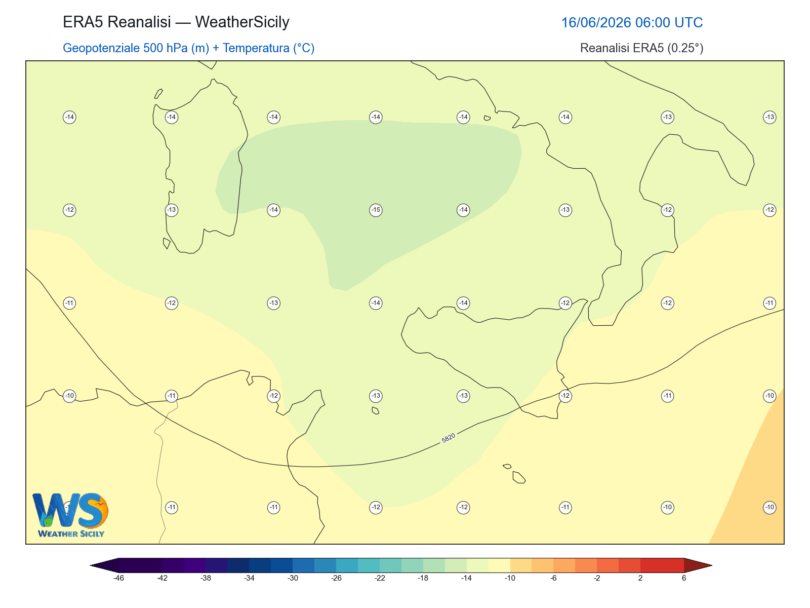 Geopotenziale 500 hPa + Temperatura · 2026061606