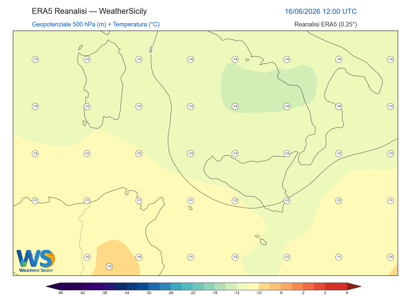 Geopotenziale 500 hPa + Temperatura · 2026061612