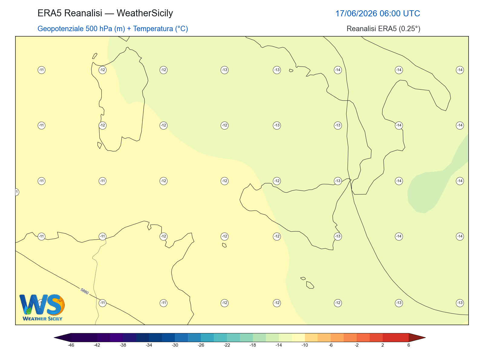 Geopotenziale 500 hPa + Temperatura · 2026061706