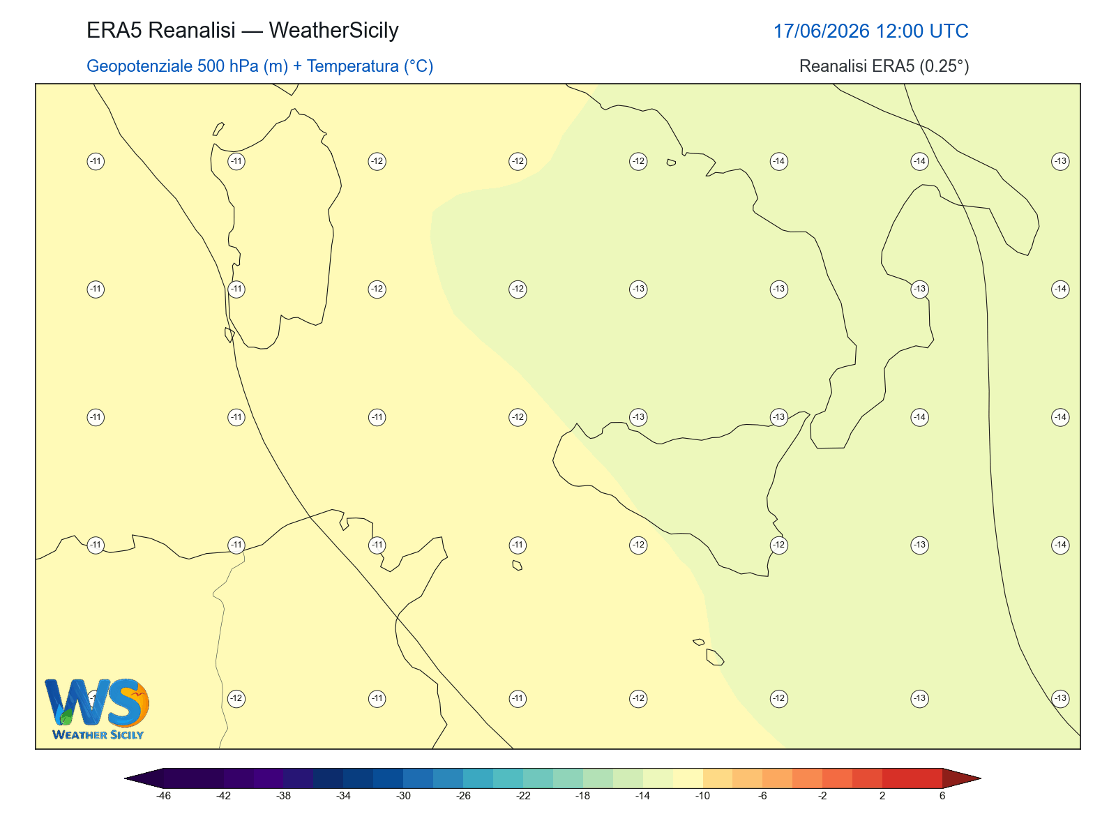 Geopotenziale 500 hPa + Temperatura · 2026061712