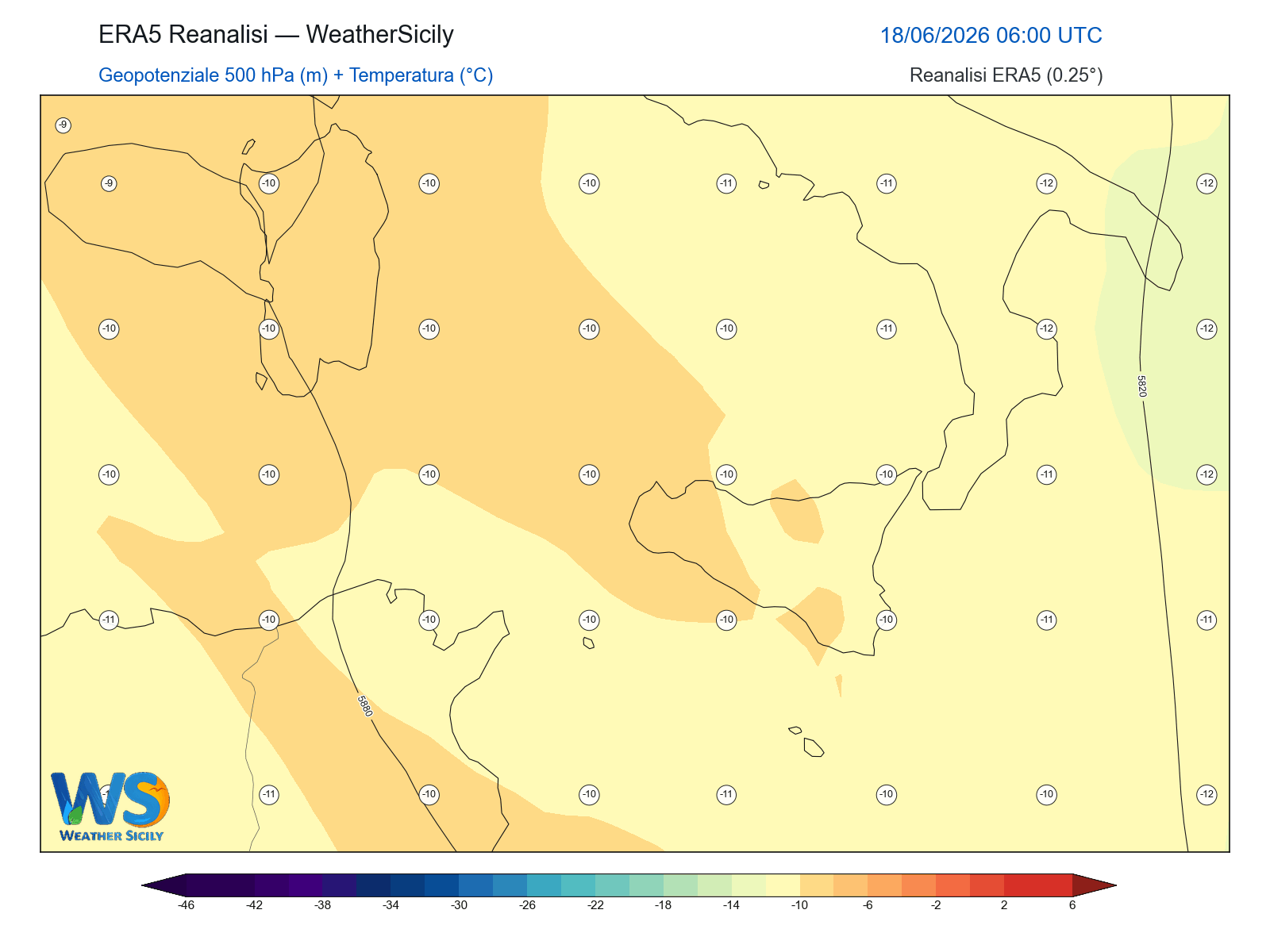 Geopotenziale 500 hPa + Temperatura · 2026061806