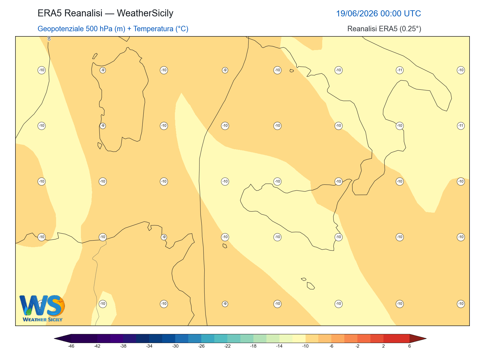 Geopotenziale 500 hPa + Temperatura · 2026061900