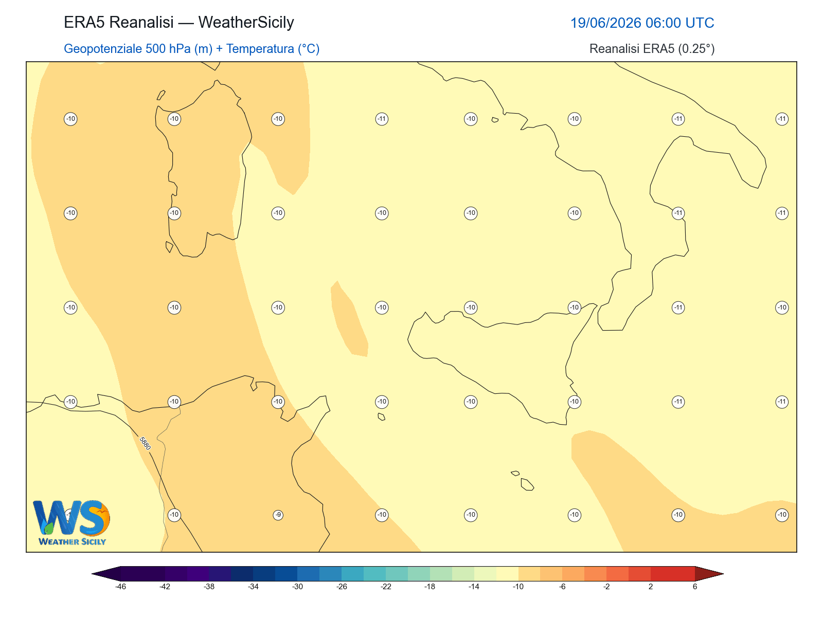Geopotenziale 500 hPa + Temperatura · 2026061906