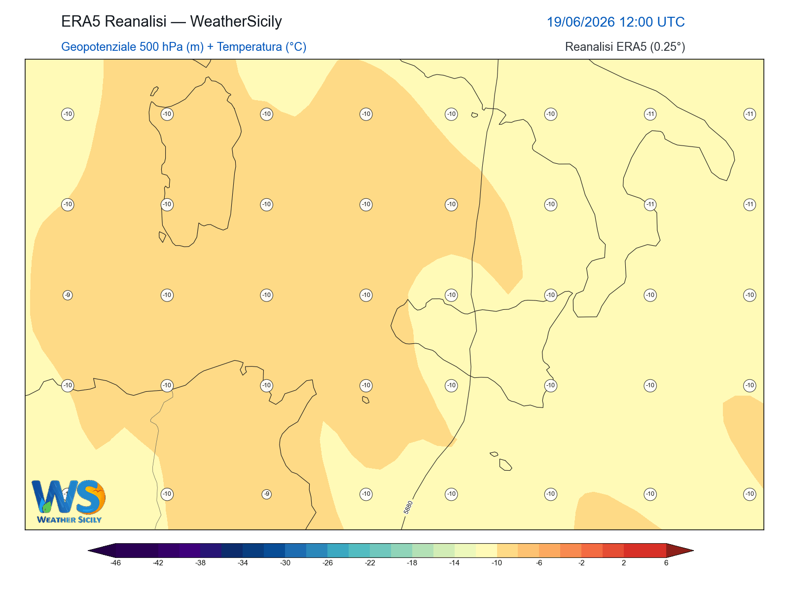 Geopotenziale 500 hPa + Temperatura · 2026061912