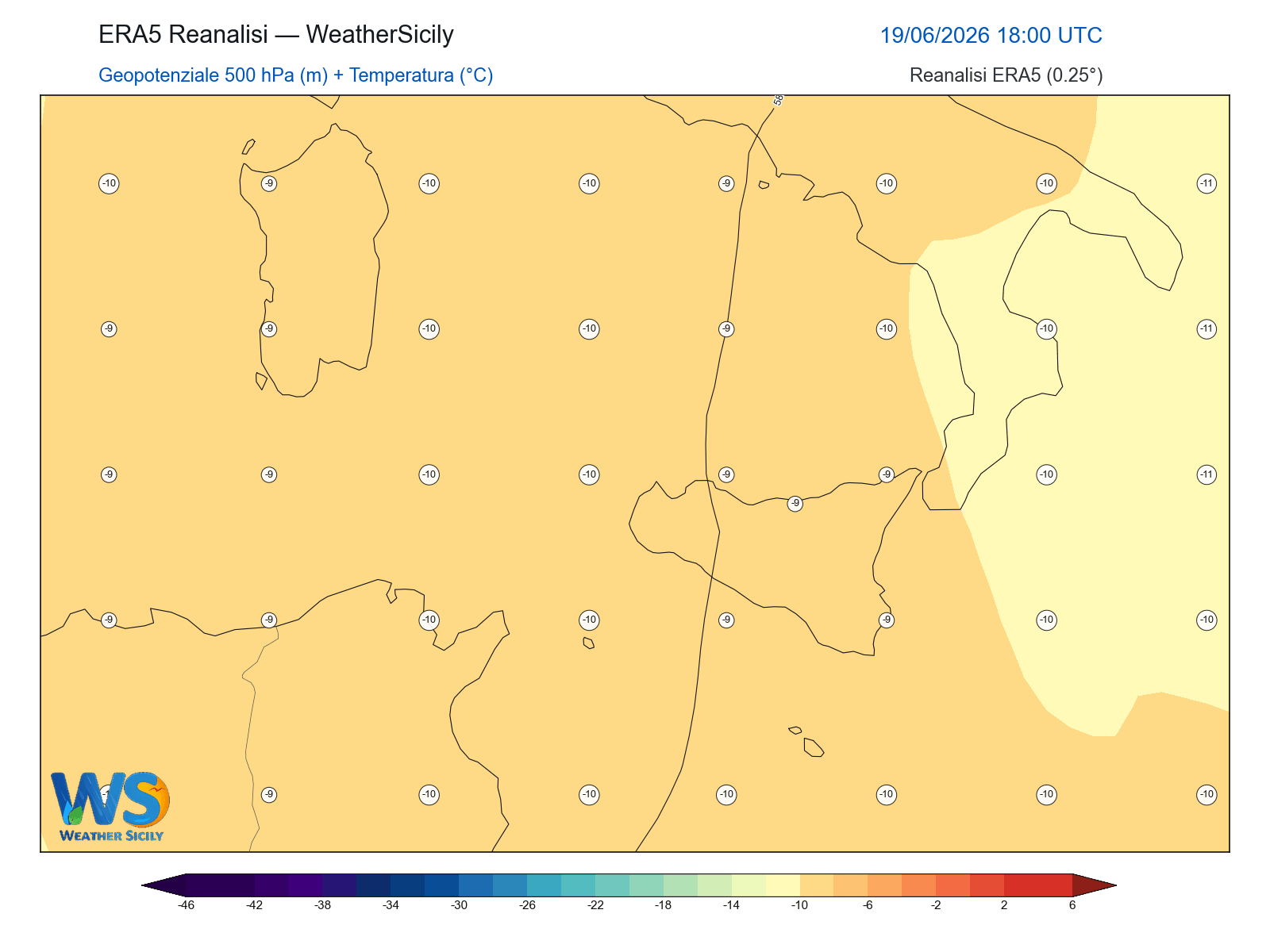 Geopotenziale 500 hPa + Temperatura · 2026061918