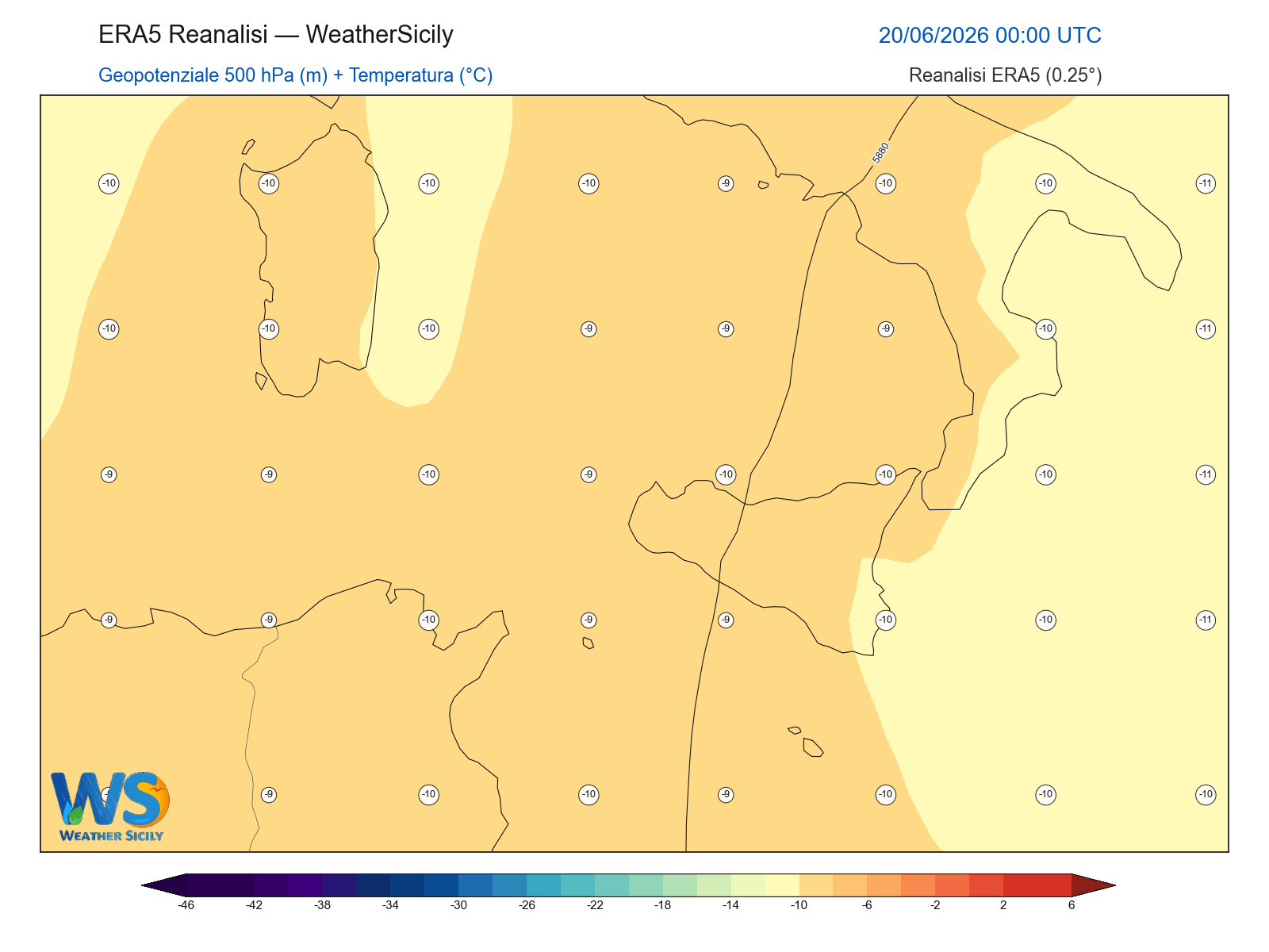Geopotenziale 500 hPa + Temperatura · 2026062000