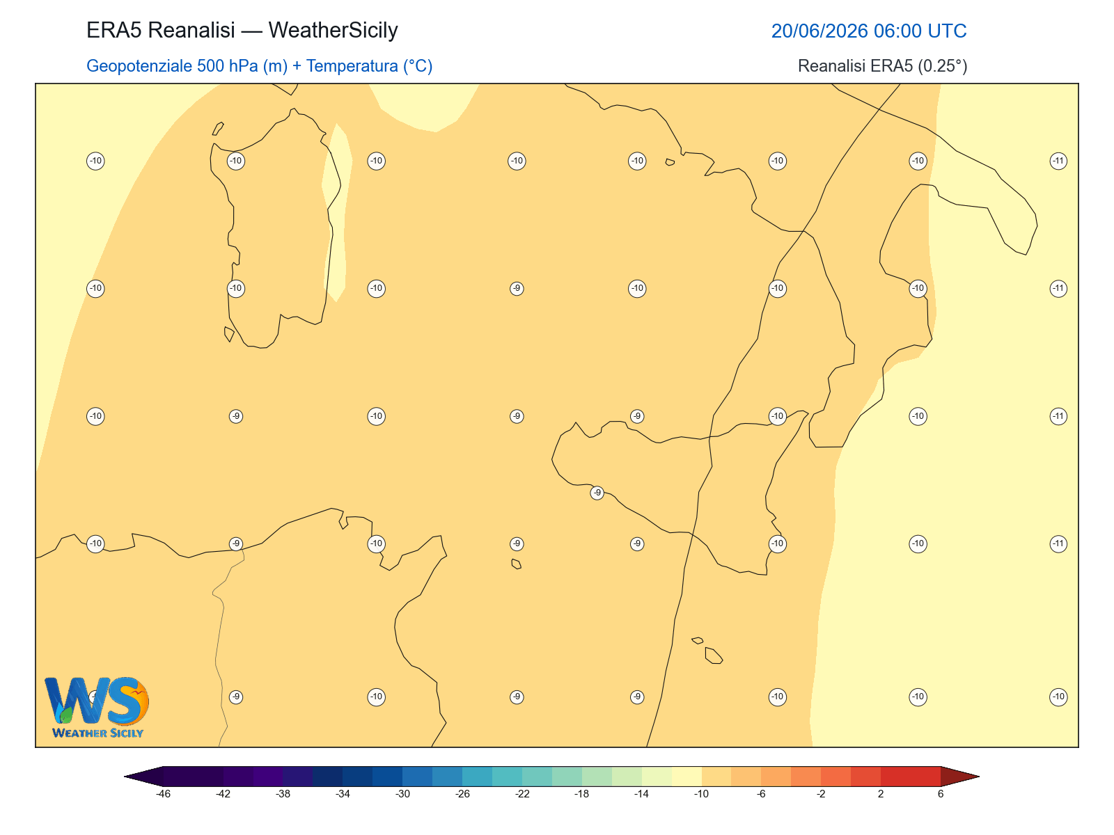 Geopotenziale 500 hPa + Temperatura · 2026062006