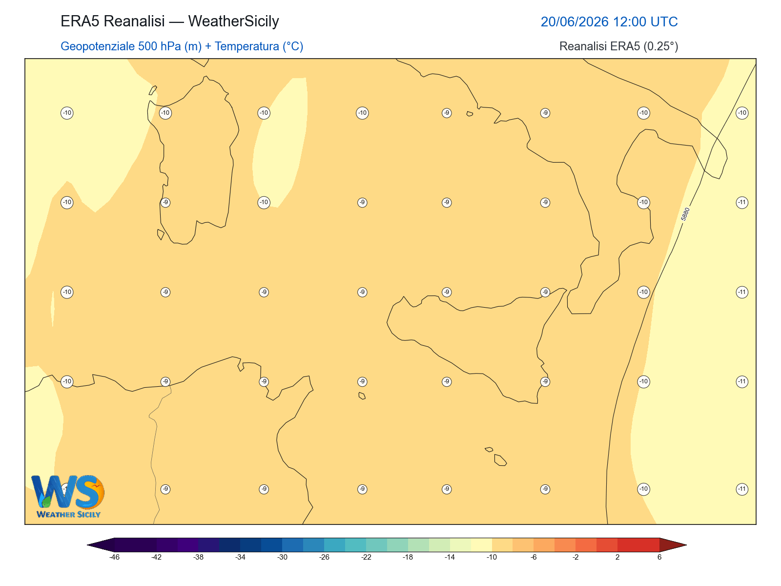 Geopotenziale 500 hPa + Temperatura · 2026062012
