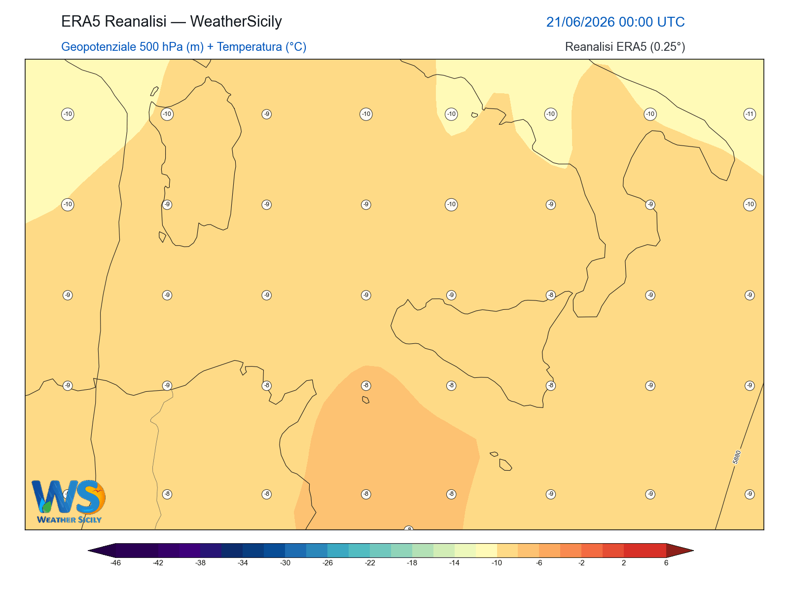 Geopotenziale 500 hPa + Temperatura · 2026062100
