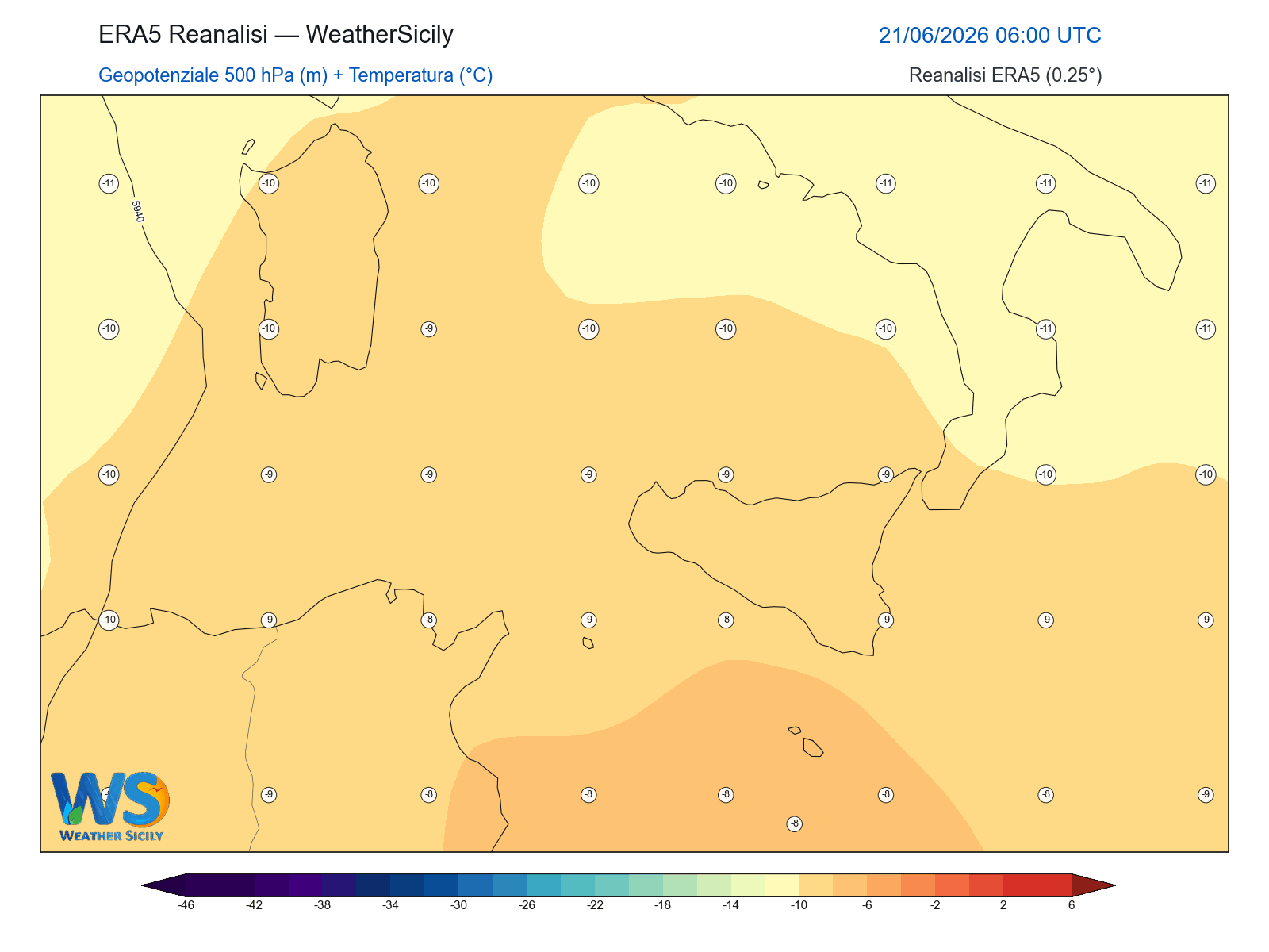 Geopotenziale 500 hPa + Temperatura · 2026062106