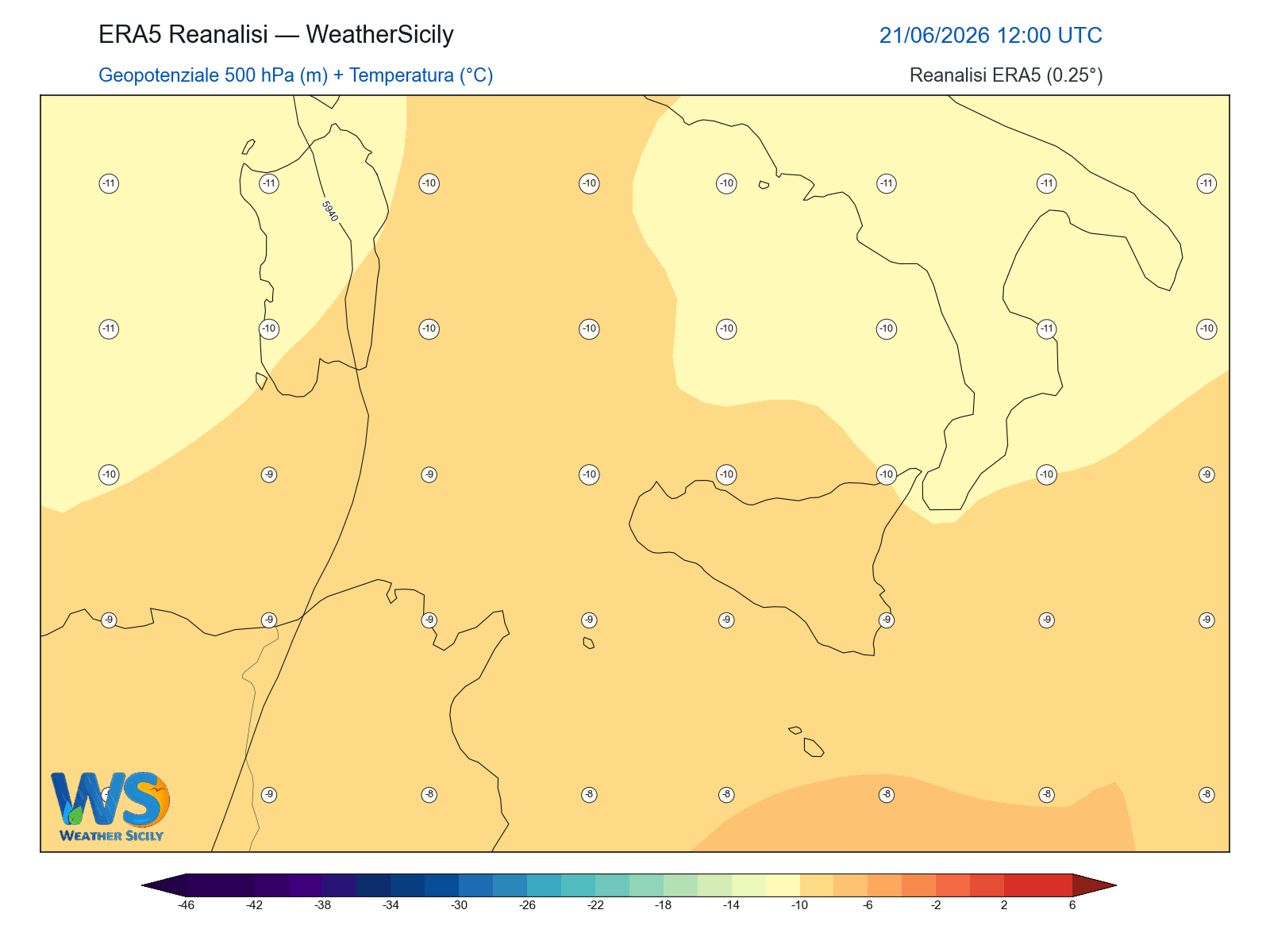 Geopotenziale 500 hPa + Temperatura · 2026062112