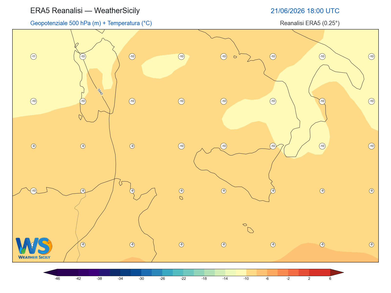Geopotenziale 500 hPa + Temperatura · 2026062118