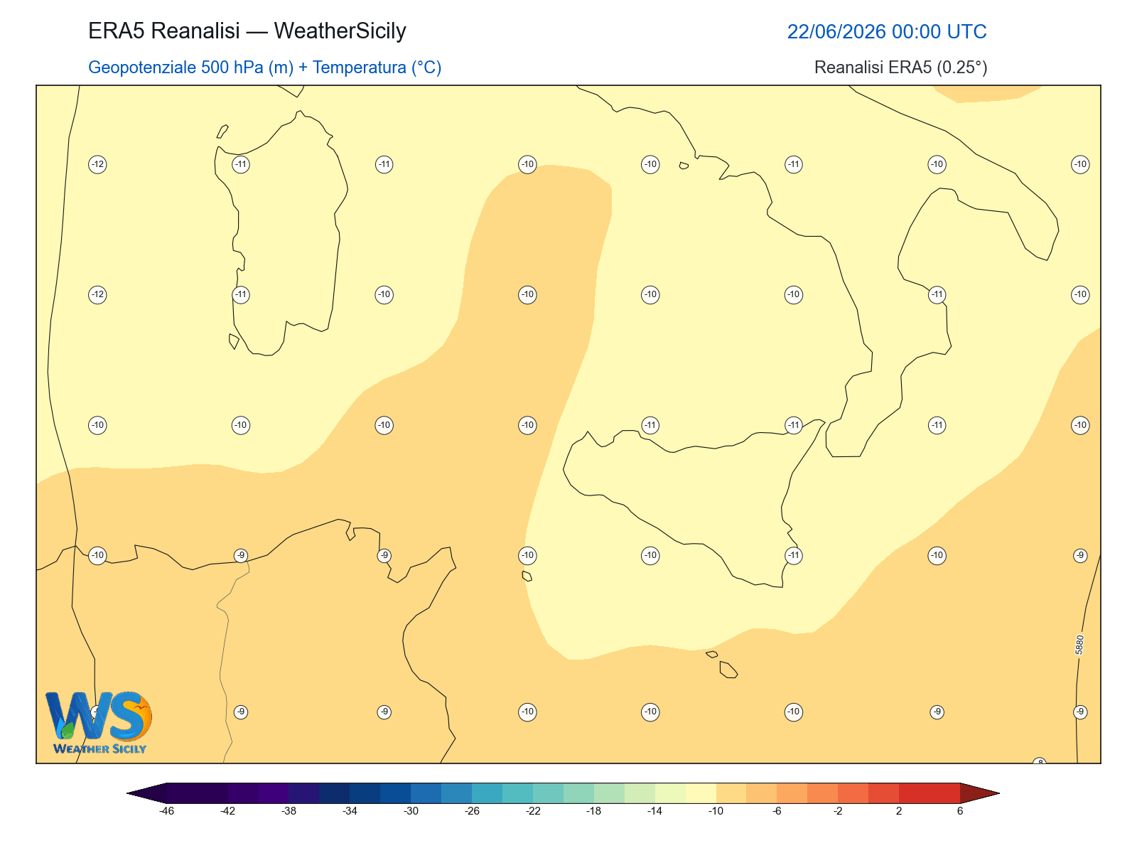 Geopotenziale 500 hPa + Temperatura · 2026062200