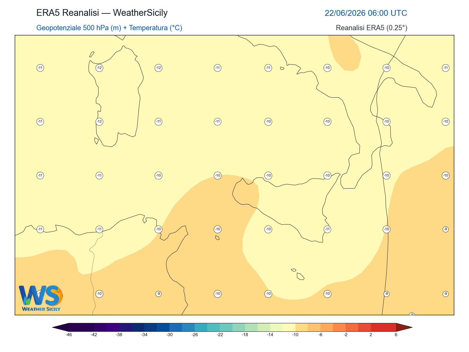 Geopotenziale 500 hPa + Temperatura · 2026062206