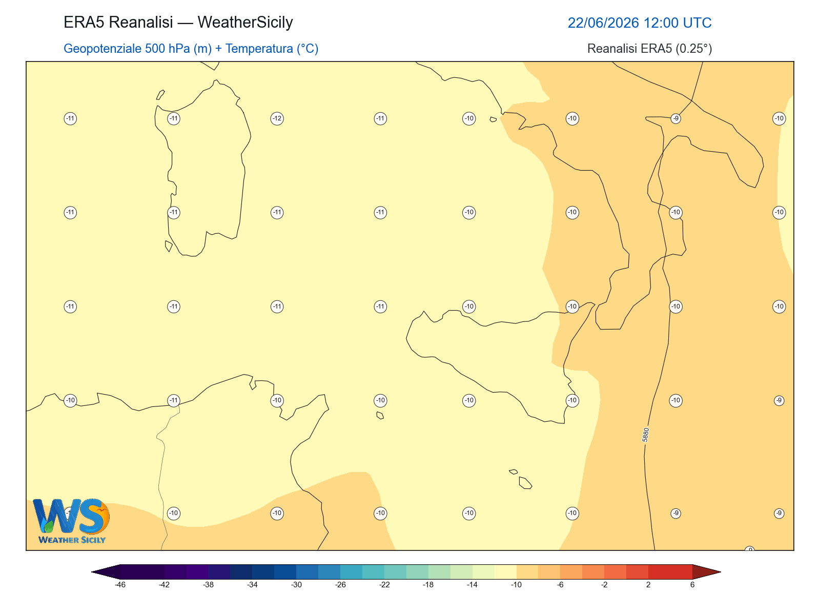 Geopotenziale 500 hPa + Temperatura · 2026062212