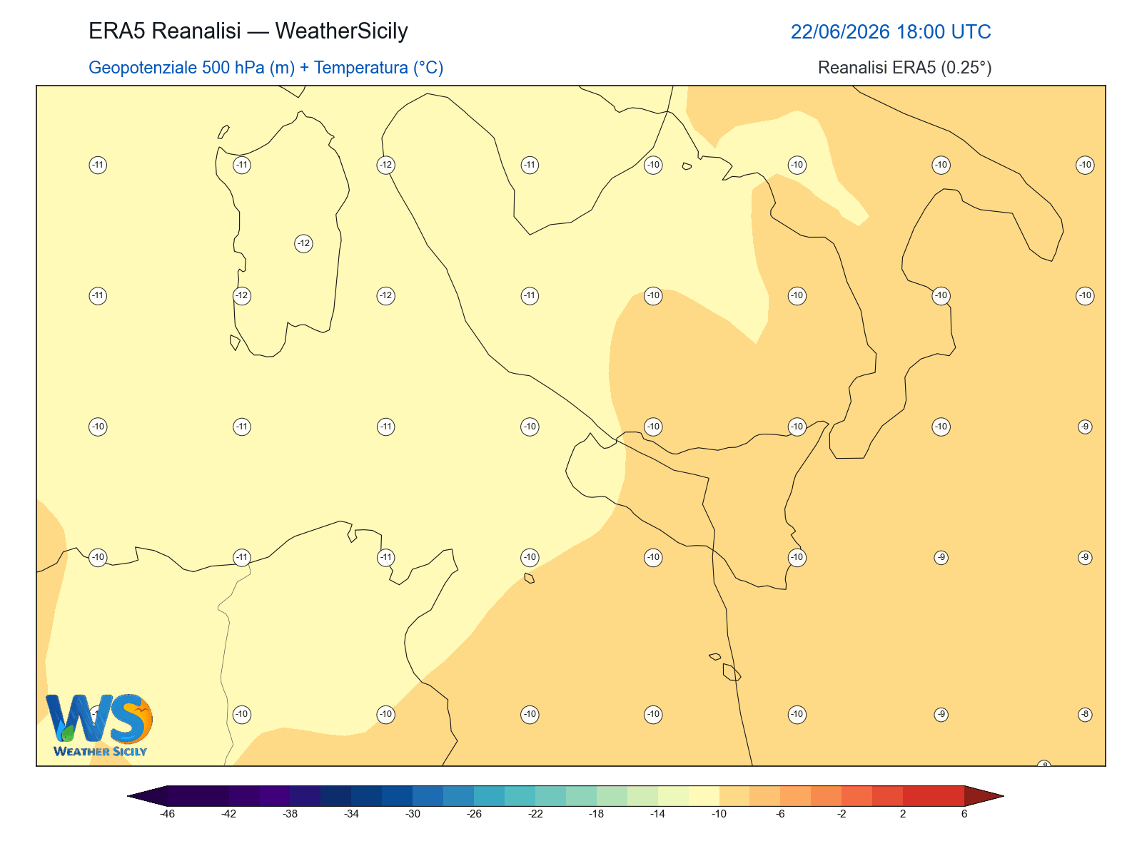 Geopotenziale 500 hPa + Temperatura · 2026062218
