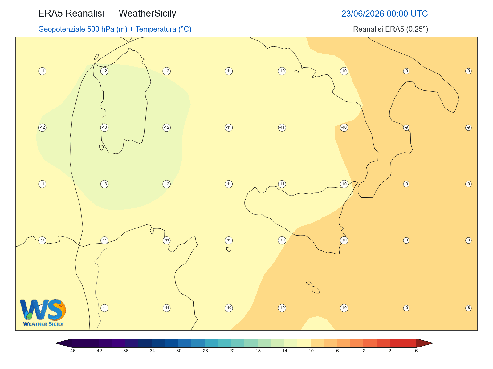 Geopotenziale 500 hPa + Temperatura · 2026062300