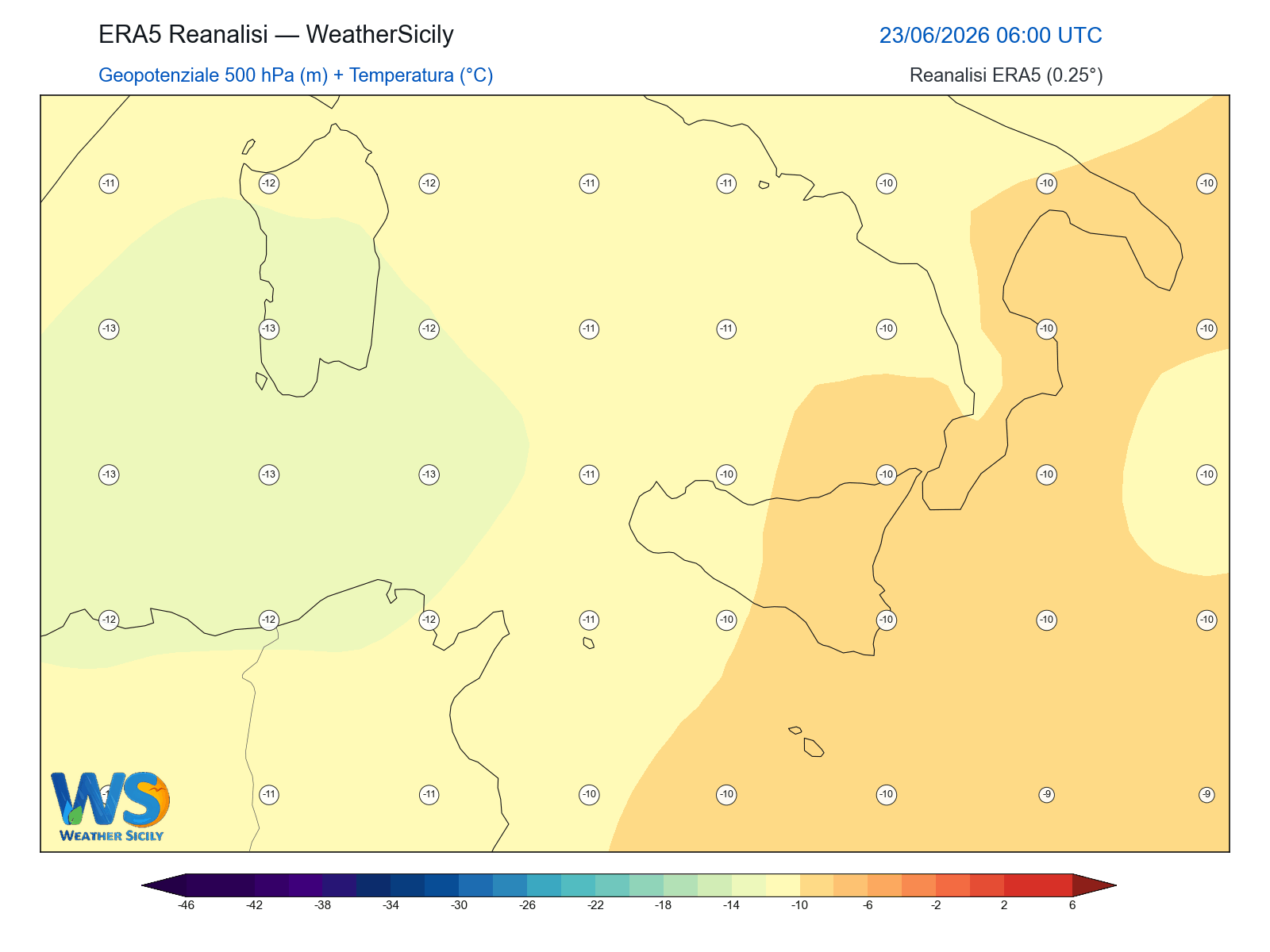 Geopotenziale 500 hPa + Temperatura · 2026062306