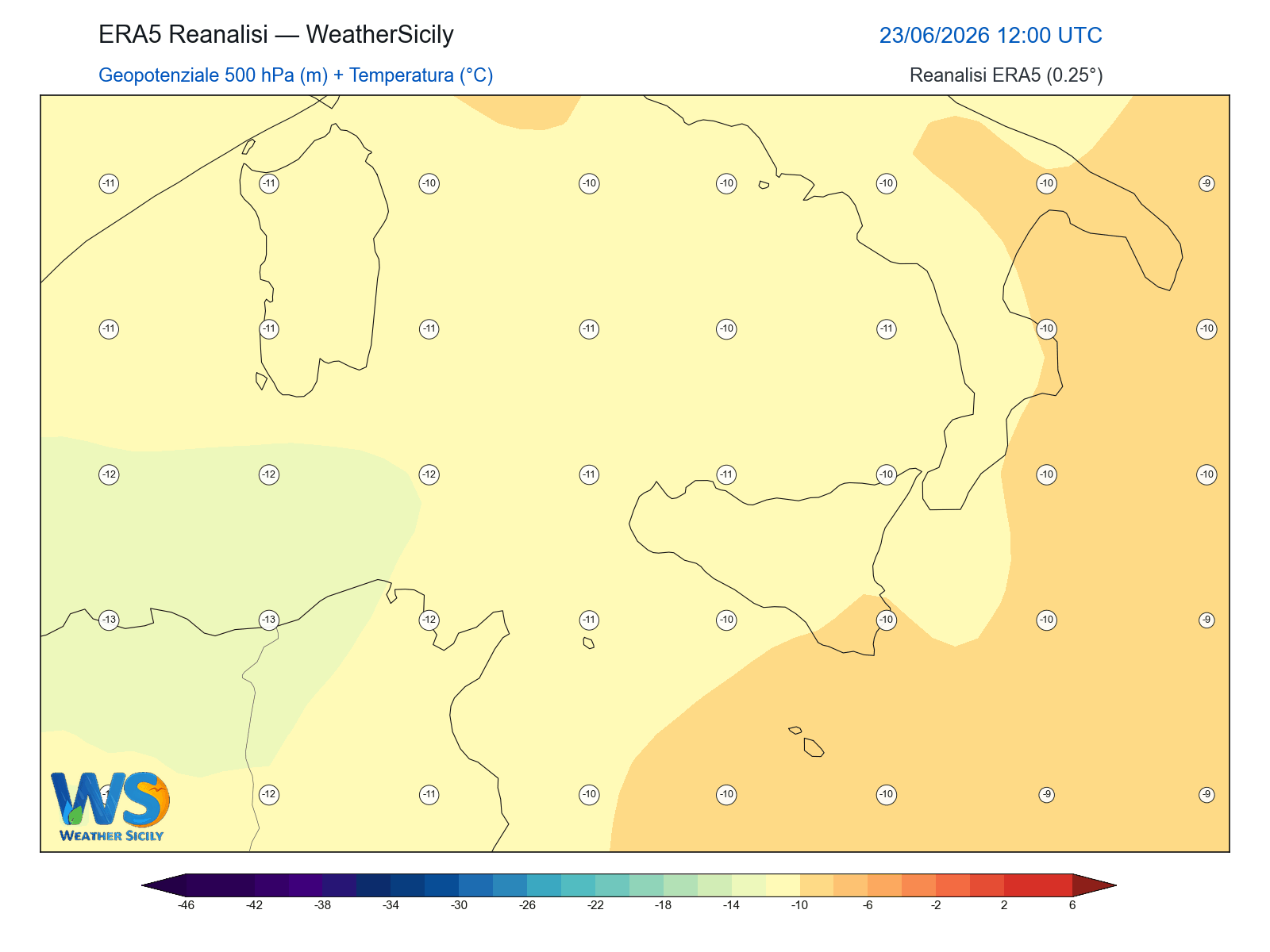 Geopotenziale 500 hPa + Temperatura · 2026062312