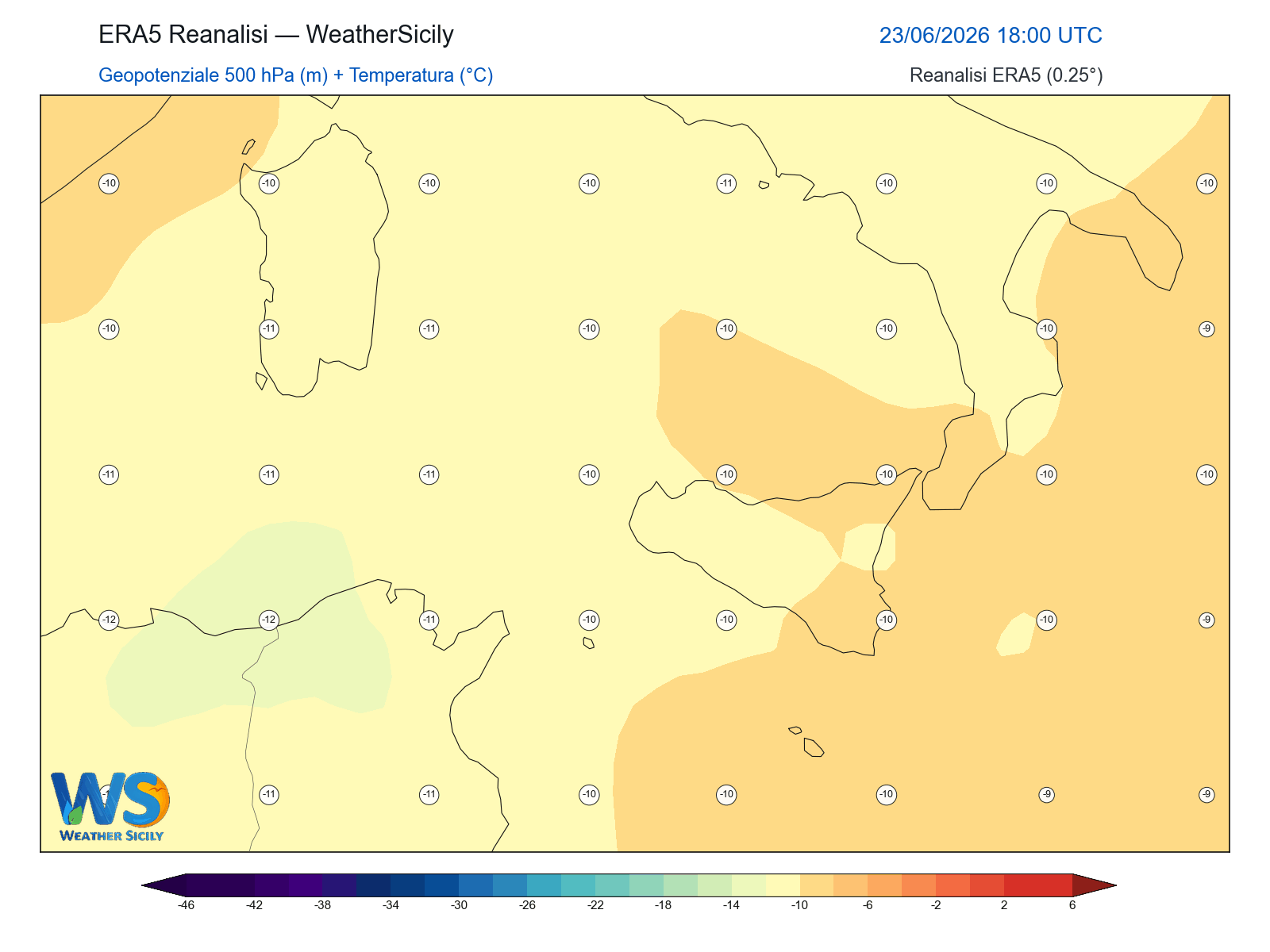 Geopotenziale 500 hPa + Temperatura · 2026062318