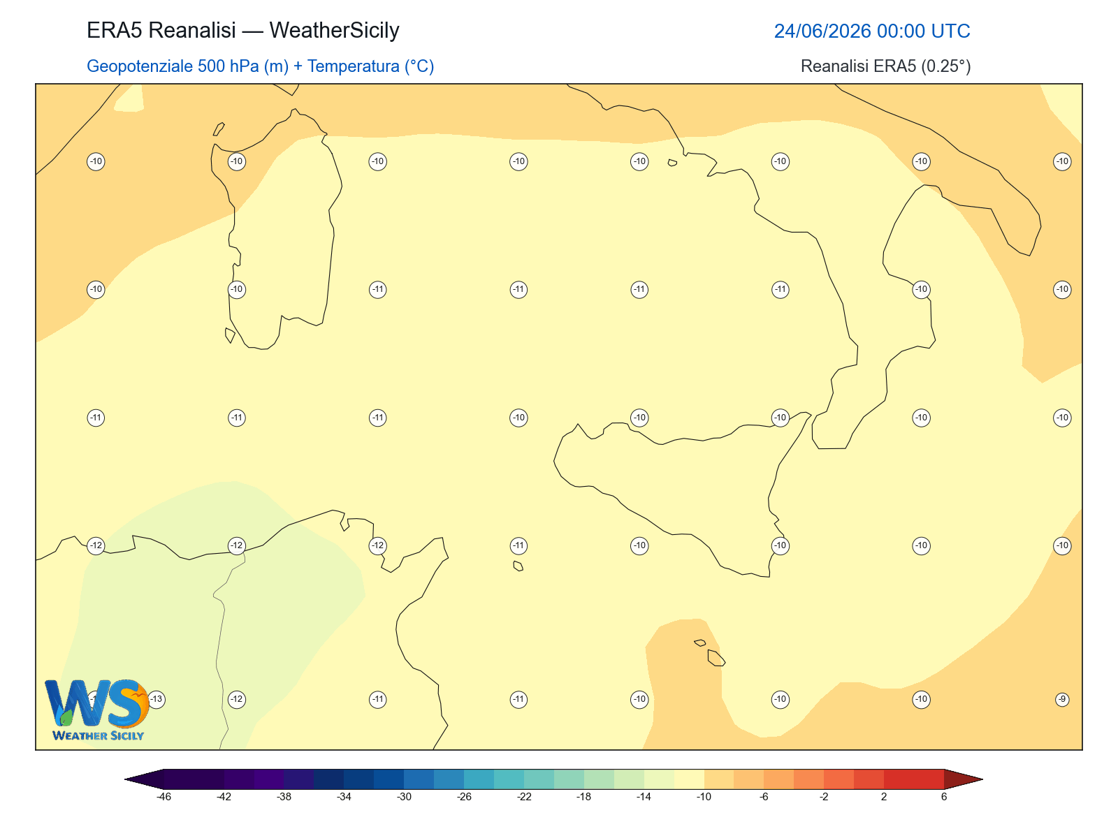 Geopotenziale 500 hPa + Temperatura · 2026062400