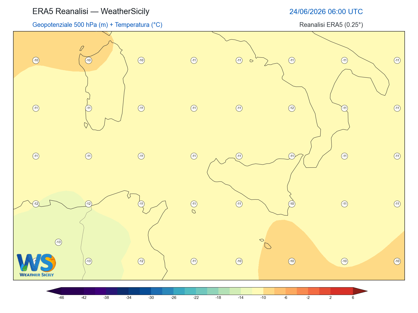 Geopotenziale 500 hPa + Temperatura · 2026062406