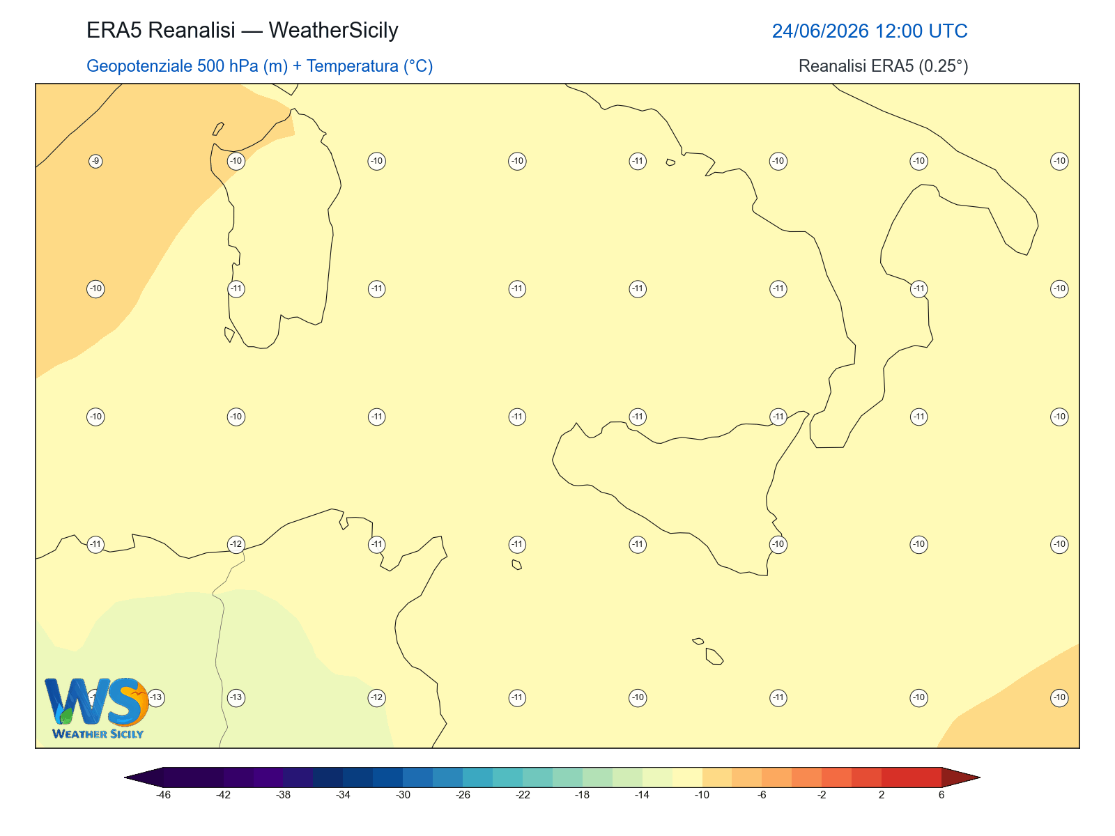 Geopotenziale 500 hPa + Temperatura · 2026062412