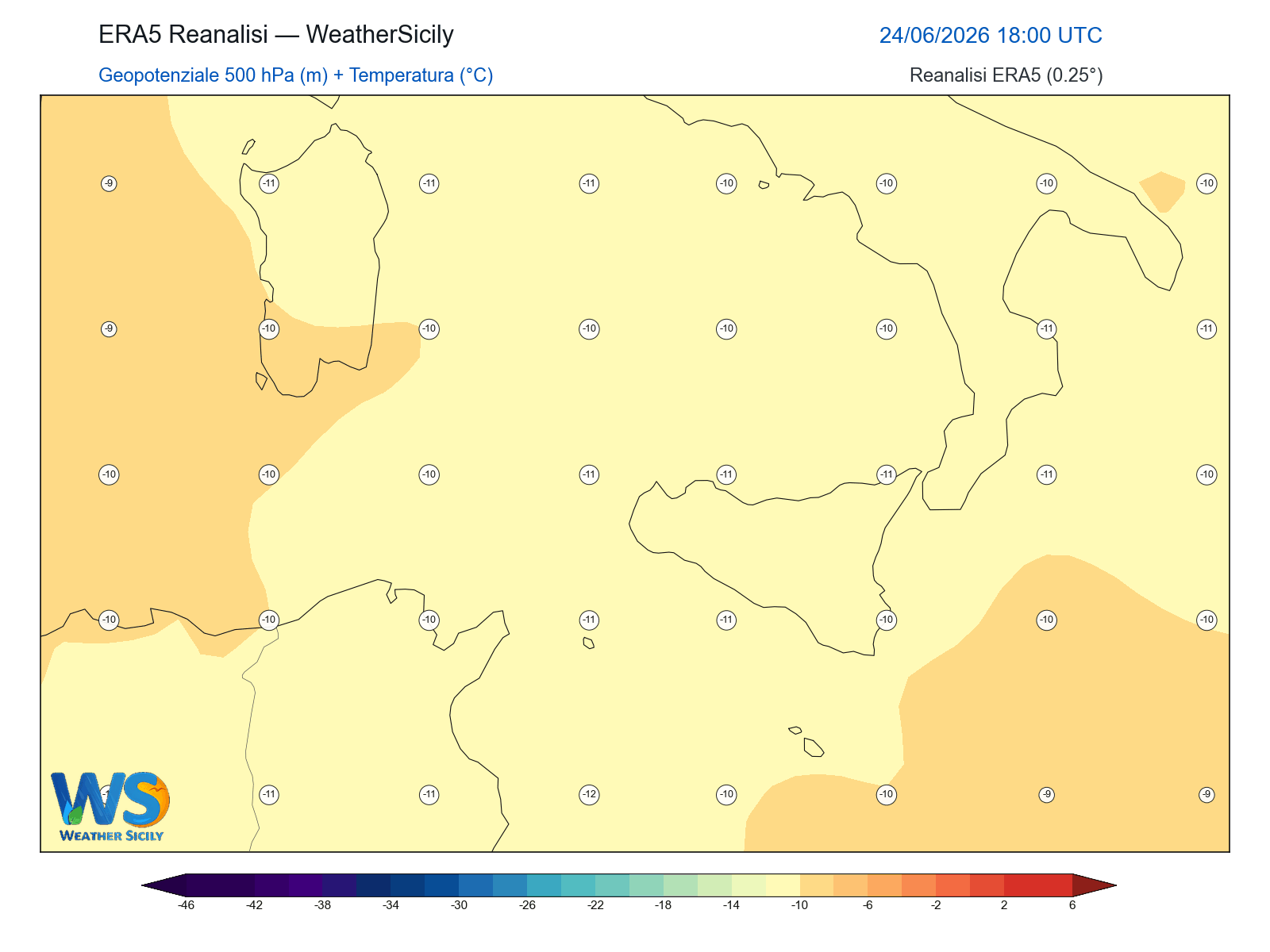Geopotenziale 500 hPa + Temperatura · 2026062418