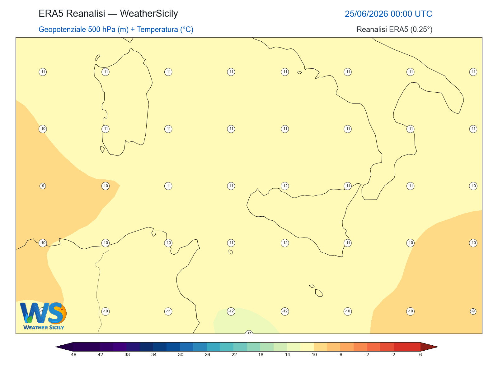 Geopotenziale 500 hPa + Temperatura · 2026062500