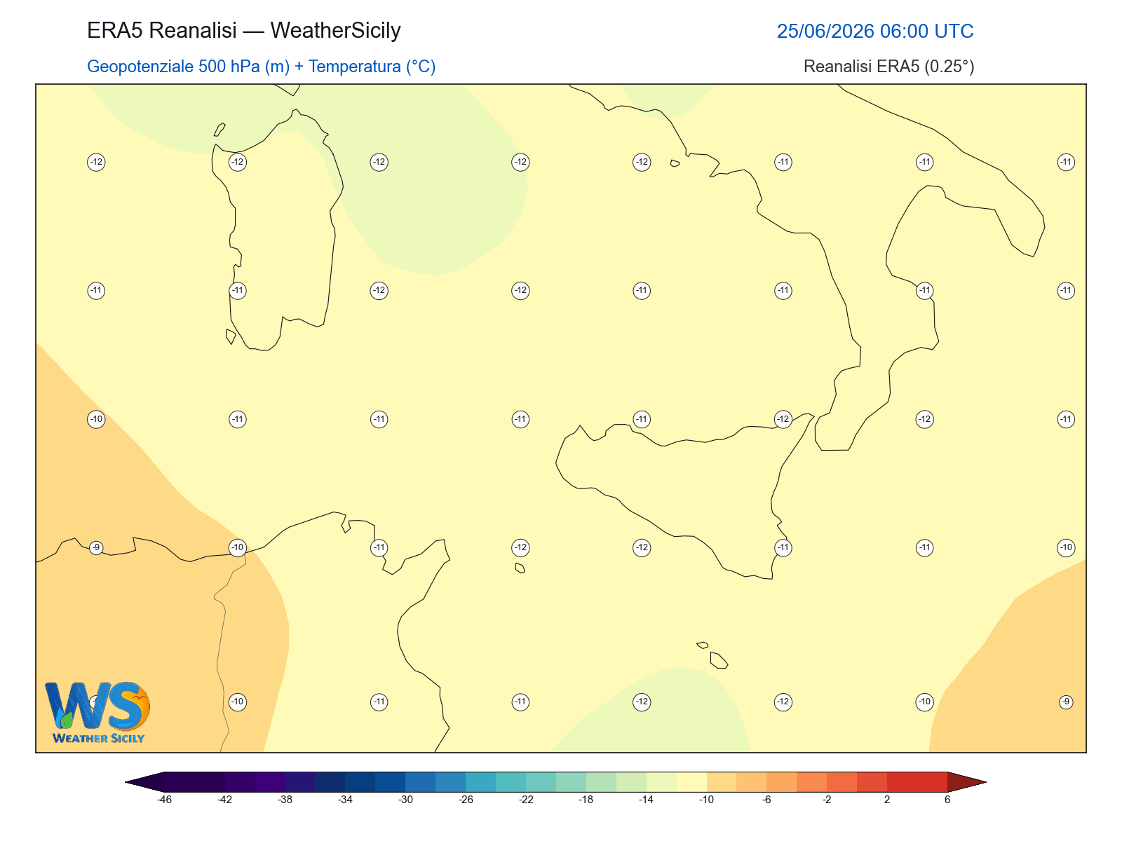 Geopotenziale 500 hPa + Temperatura · 2026062506