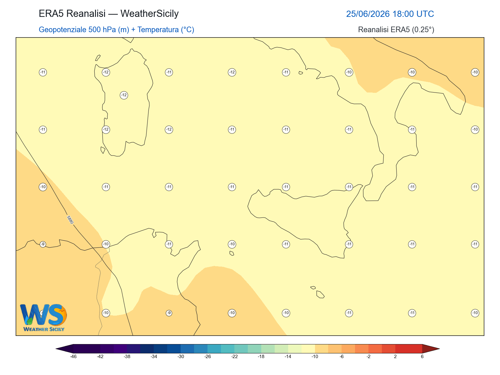 Geopotenziale 500 hPa + Temperatura · 2026062518