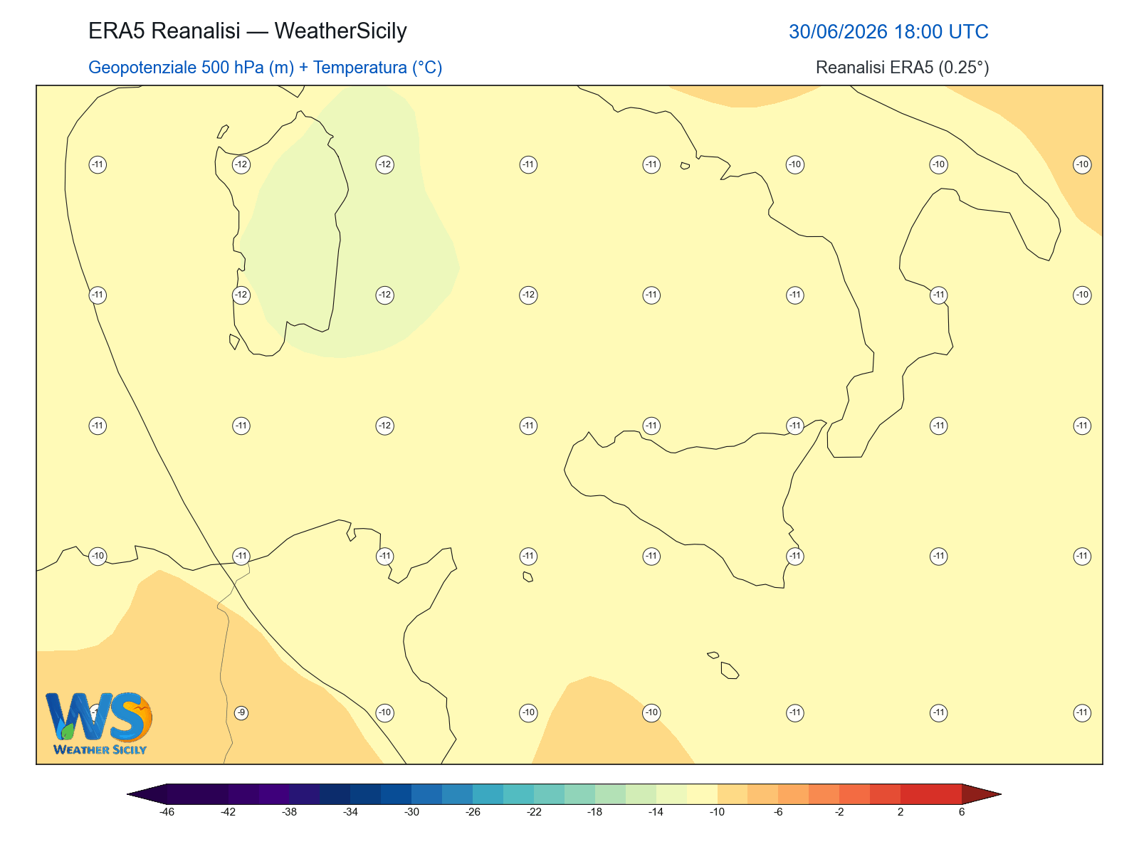 Geopotenziale 500 hPa + Temperatura · 2026063018