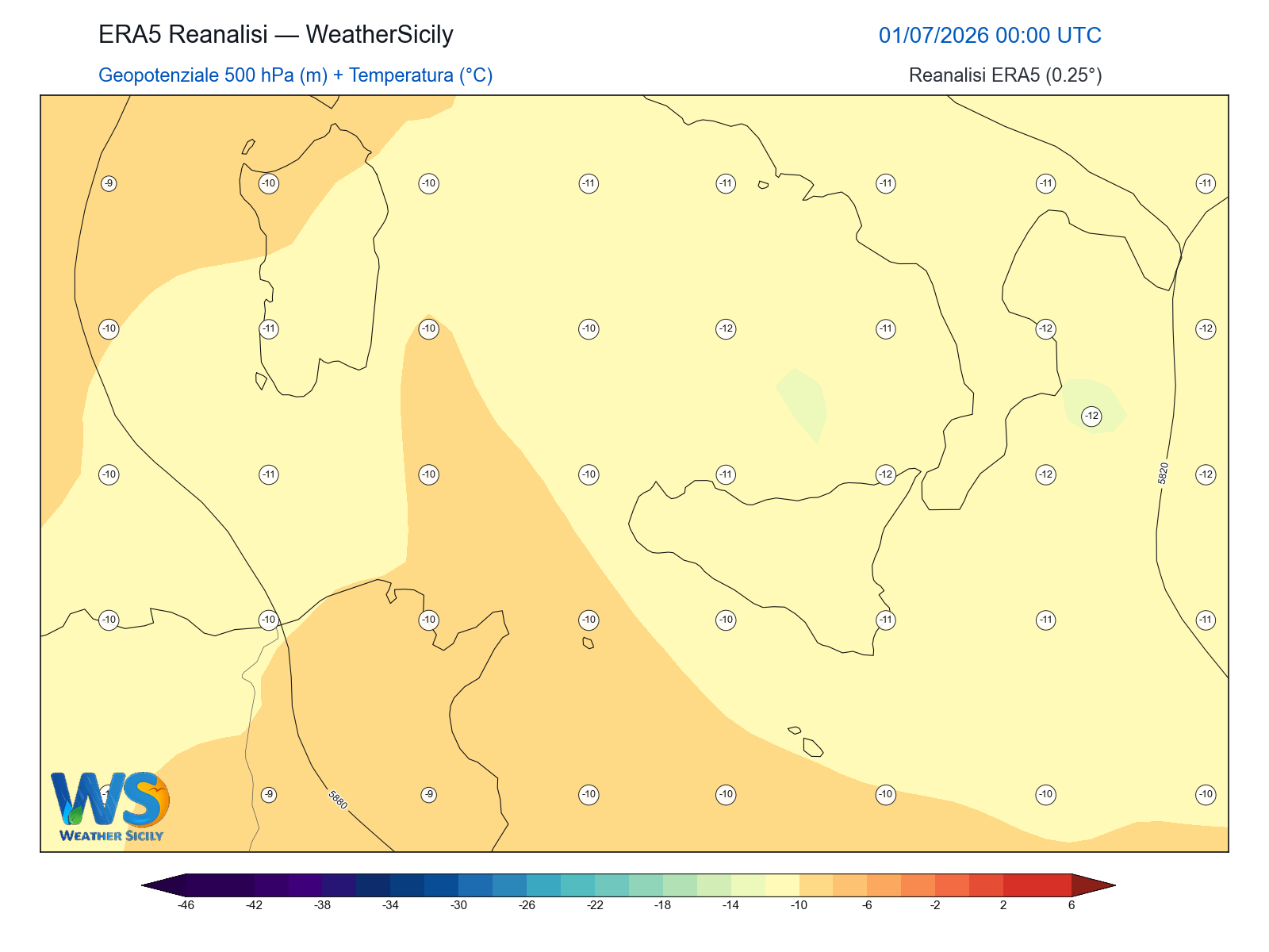 Geopotenziale 500 hPa + Temperatura · 2026070100