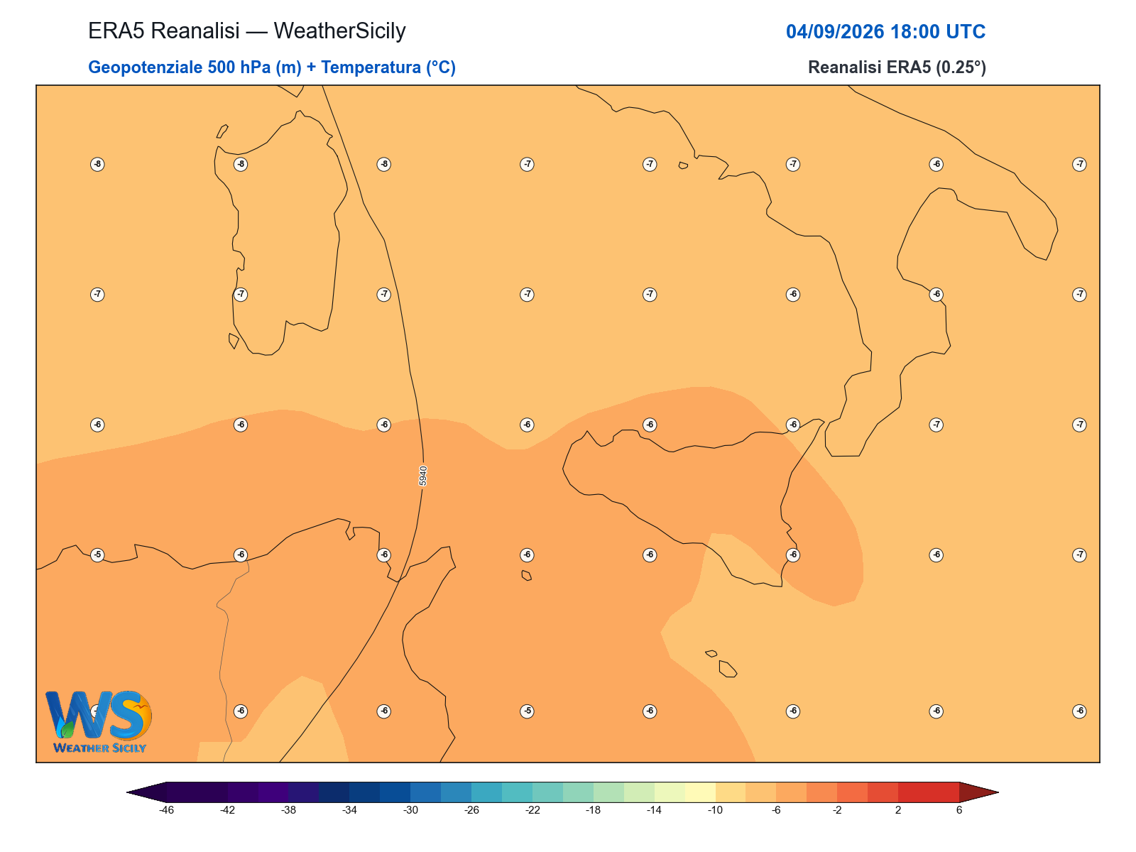 Geopotenziale 500 hPa + Temperatura · 2026090418