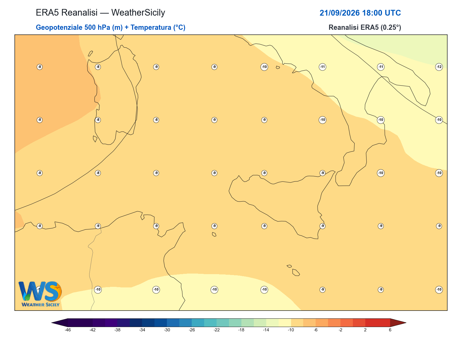 Geopotenziale 500 hPa + Temperatura · 2026092118