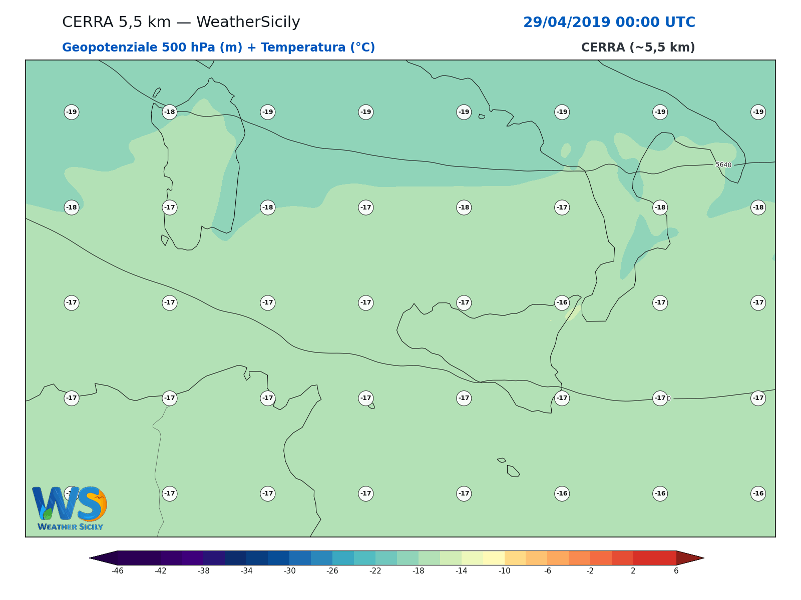 Geopotenziale 500 hPa + Temperatura · 2019042900