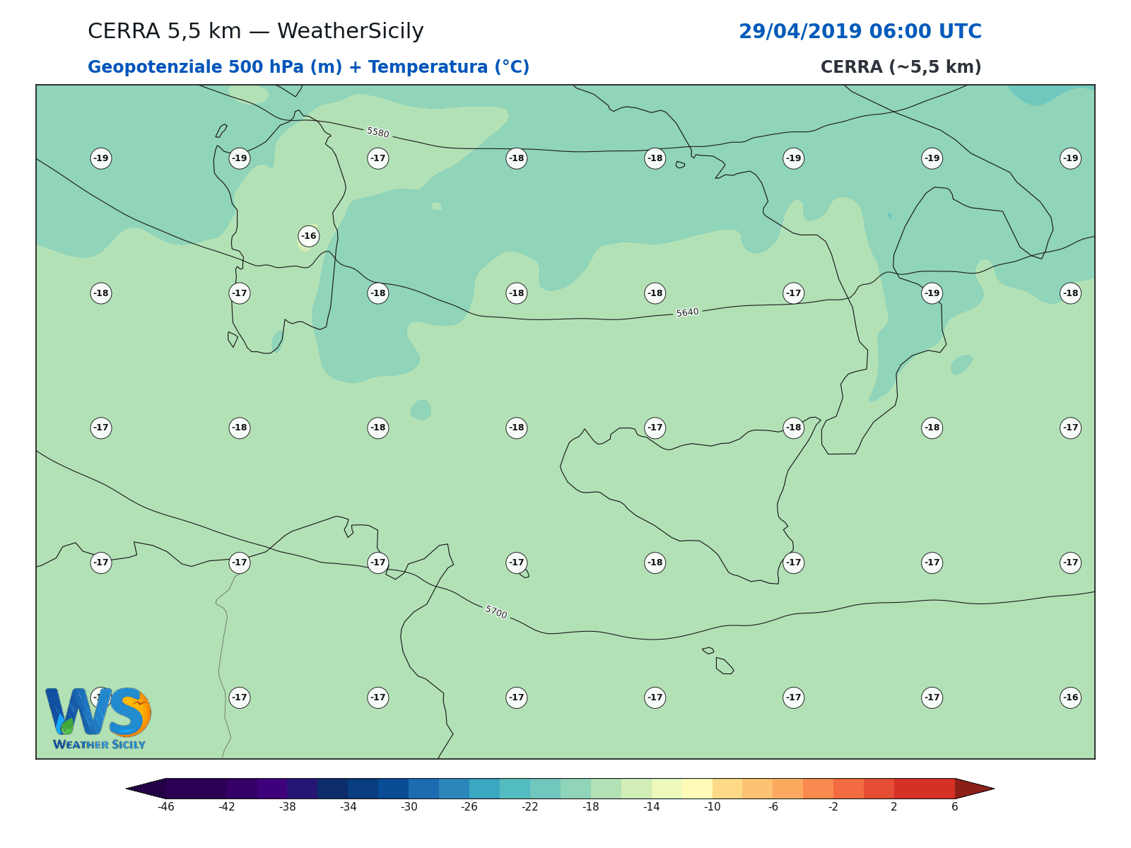 Geopotenziale 500 hPa + Temperatura · 2019042906