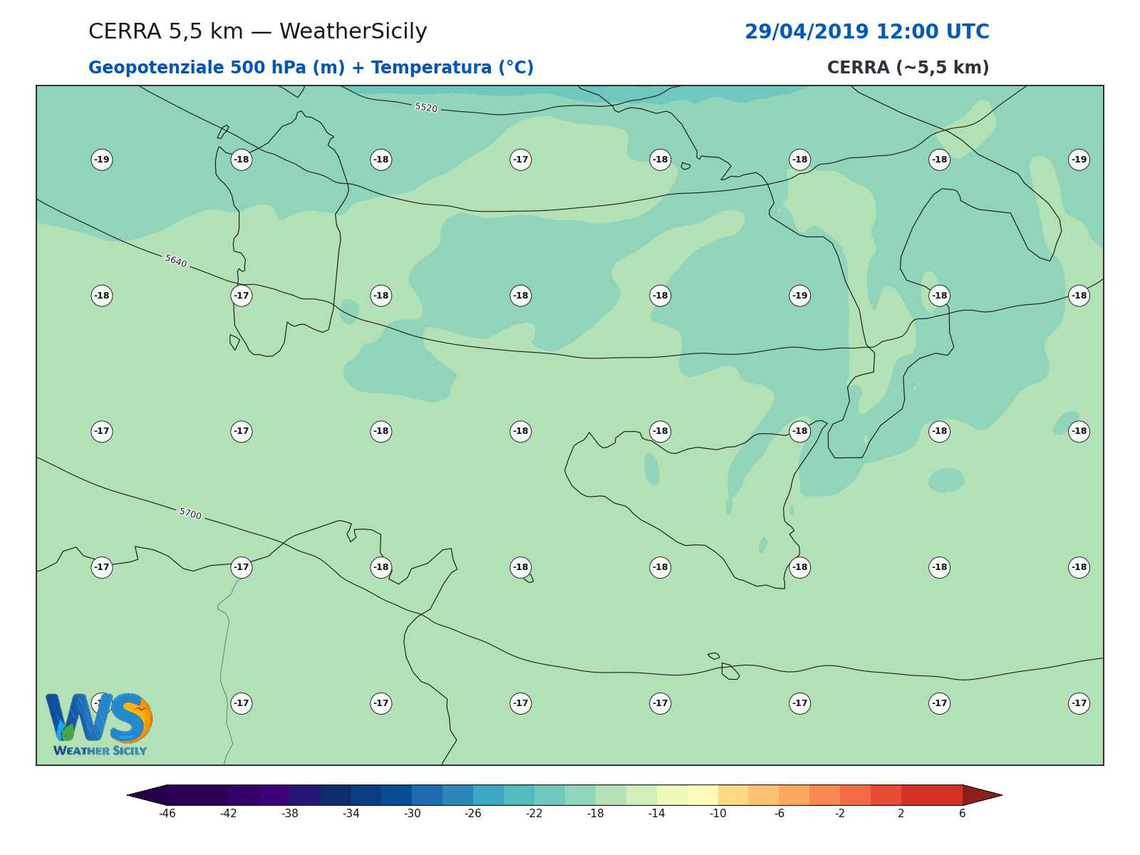 Geopotenziale 500 hPa + Temperatura · 2019042912
