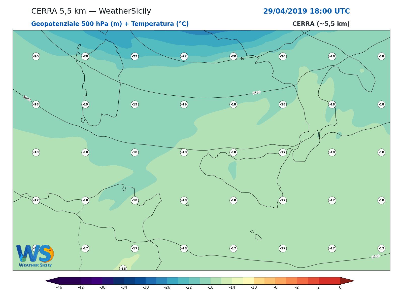 Geopotenziale 500 hPa + Temperatura · 2019042918